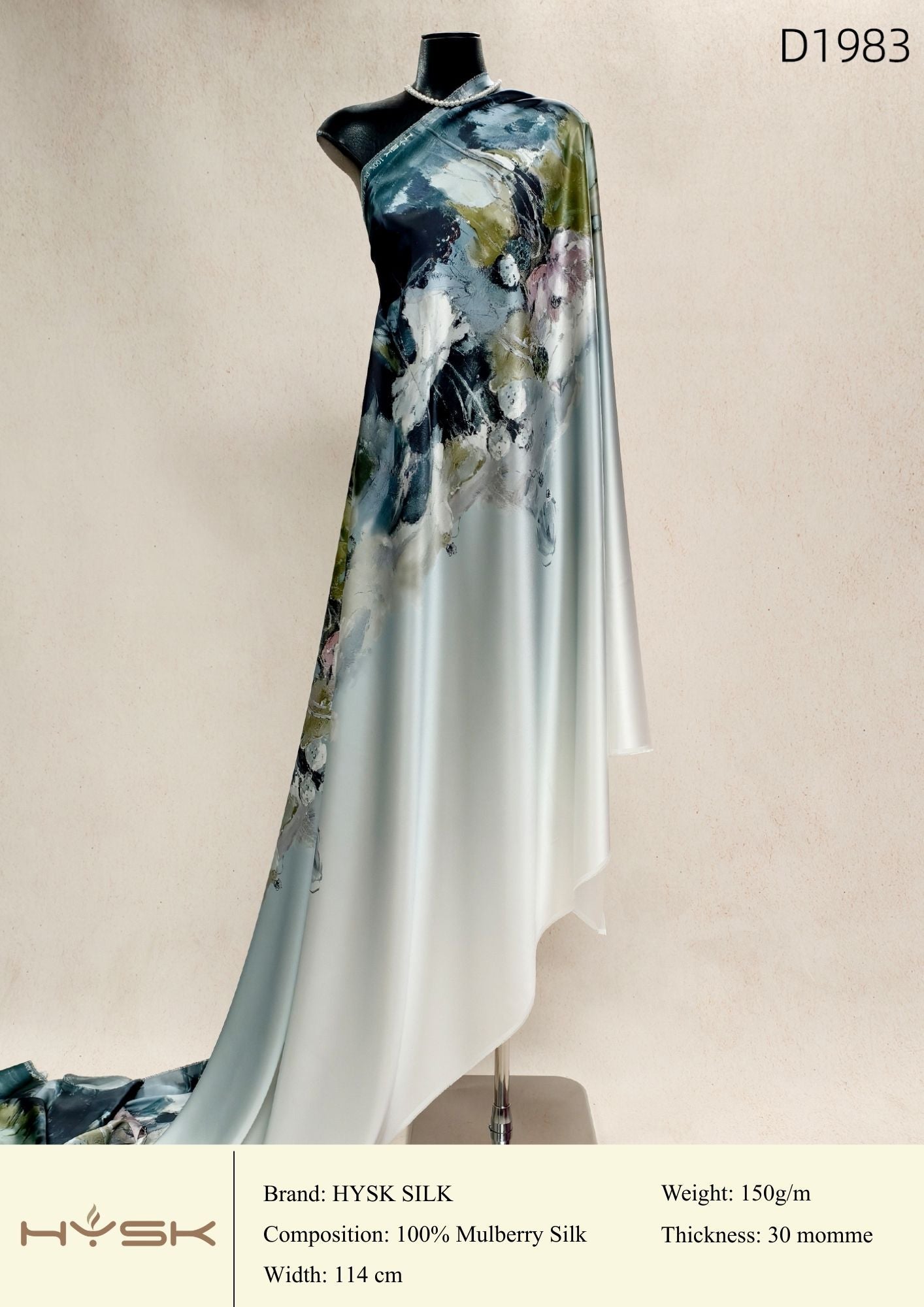 HYSK Digital Printed 100% Mulberry Silk Charmeuse – 30 Momme, 114cm Width, 6A Grade Silk Original Design Fabric for Couture, Evening Wear & Traditional Attire - In Stock Products