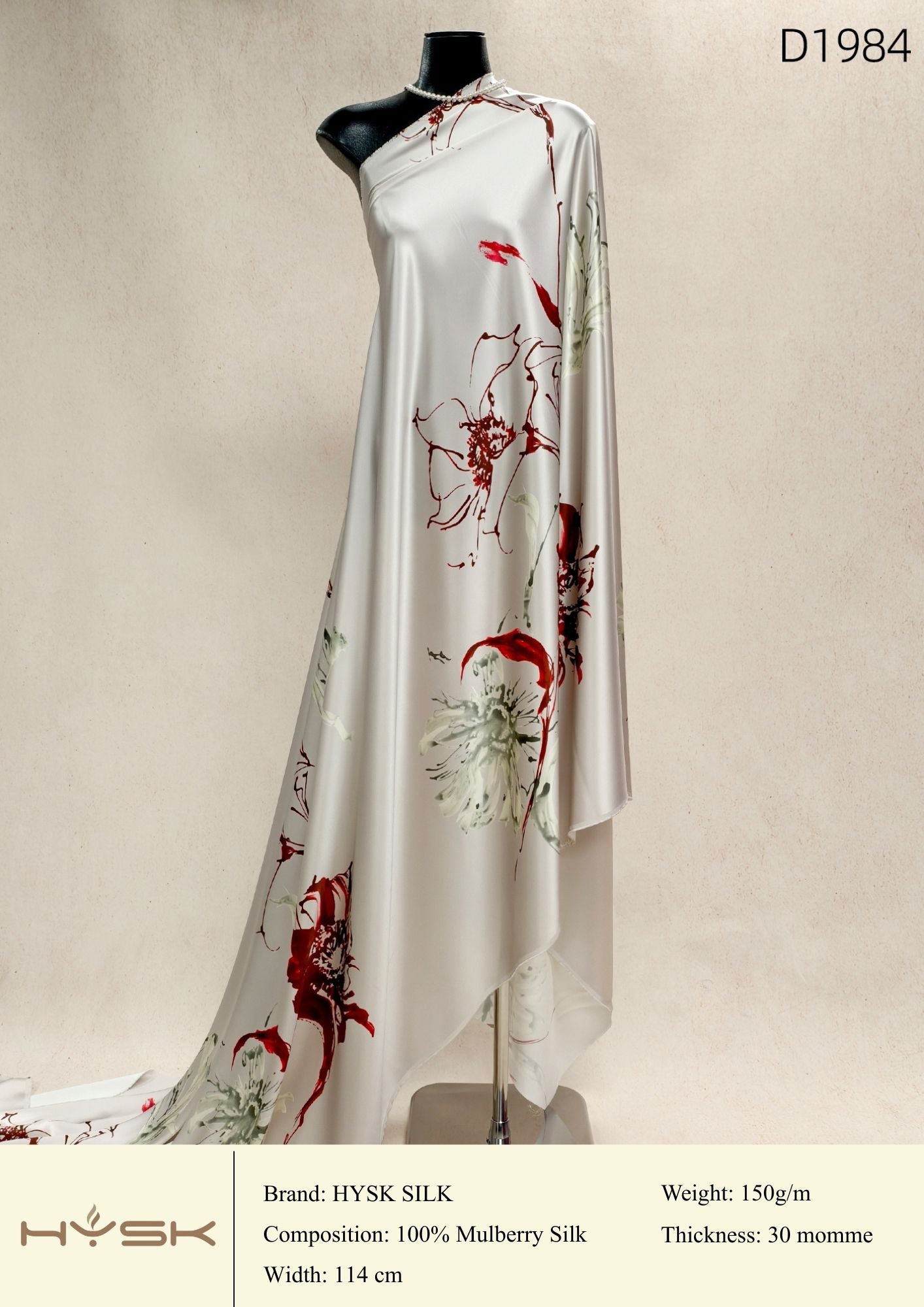 HYSK Digital Printed 100% Mulberry Silk Charmeuse – 30 Momme, 114cm Width, 6A Grade Silk Original Design Fabric for Couture, Evening Wear & Traditional Attire - In Stock Products