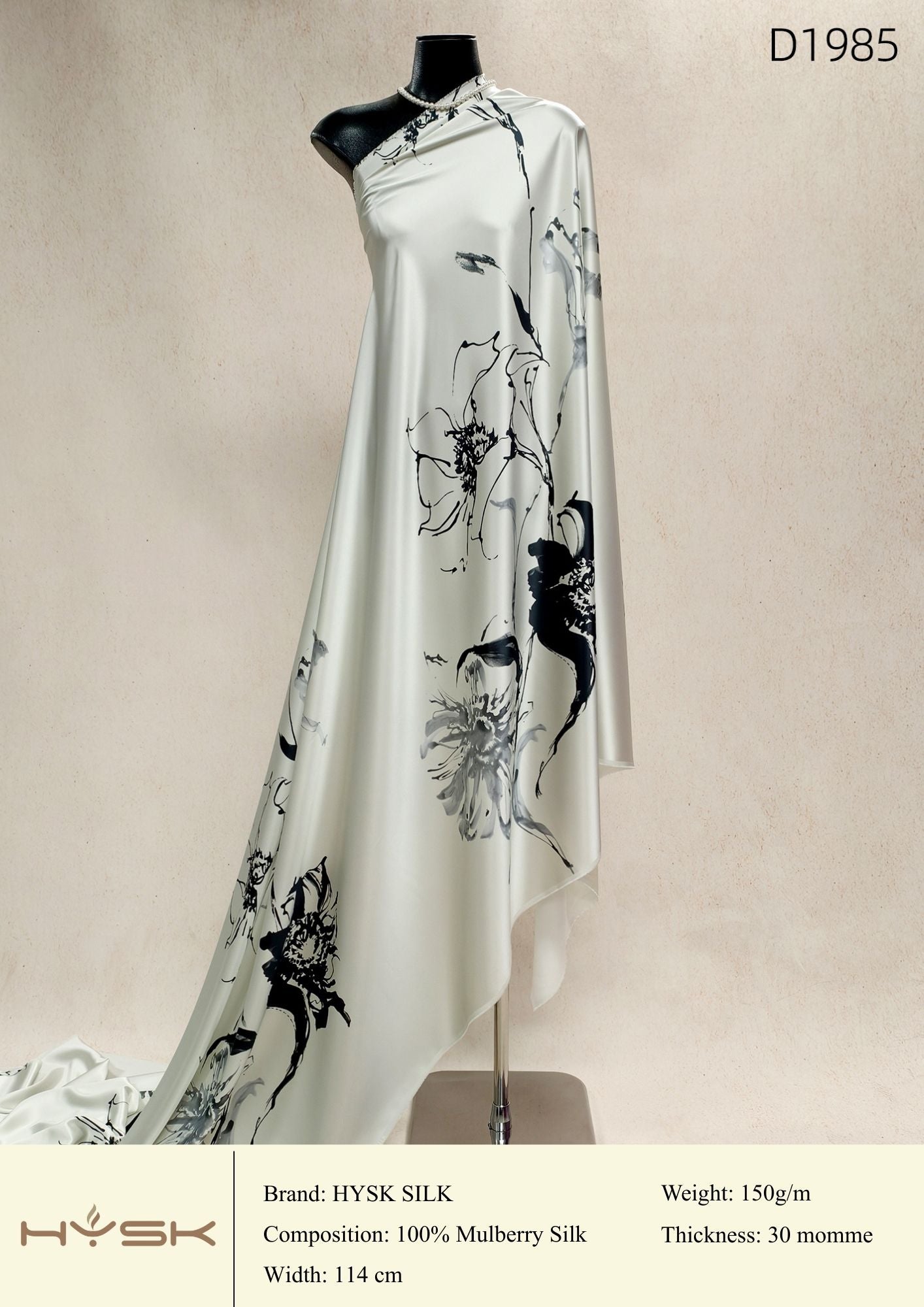 HYSK Digital Printed 100% Mulberry Silk Charmeuse – 30 Momme, 114cm Width, 6A Grade Silk Original Design Fabric for Couture, Evening Wear & Traditional Attire - In Stock Products