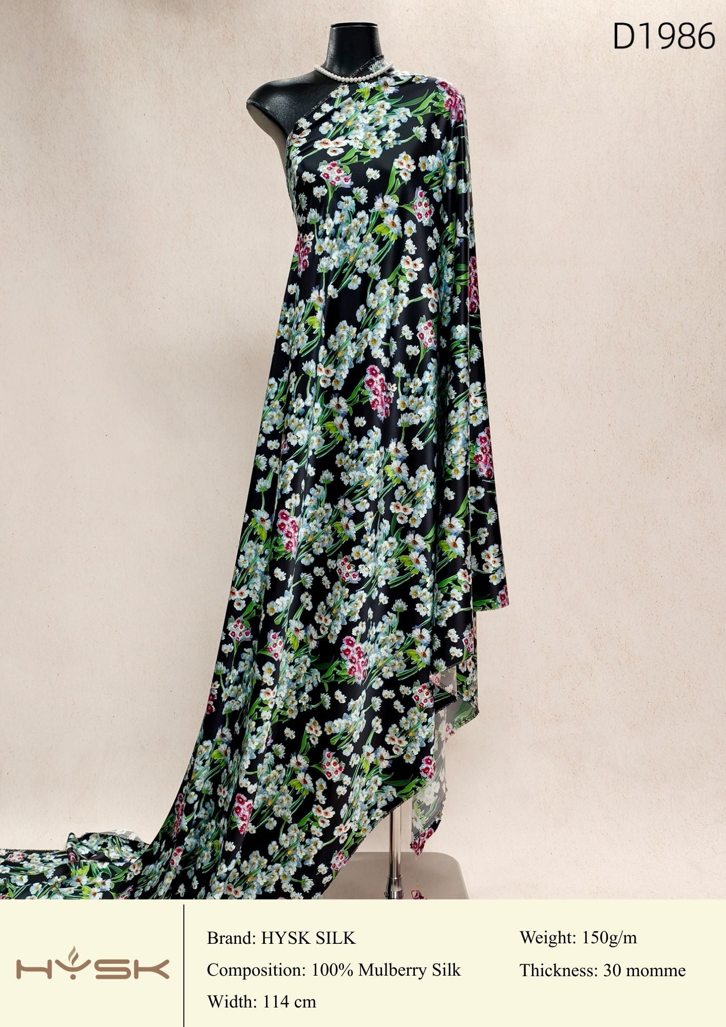 HYSK Digital Printed 100% Mulberry Silk Charmeuse – 30 Momme, 114cm Width, 6A Grade Silk Original Design Fabric for Couture, Evening Wear & Traditional Attire - In Stock Products