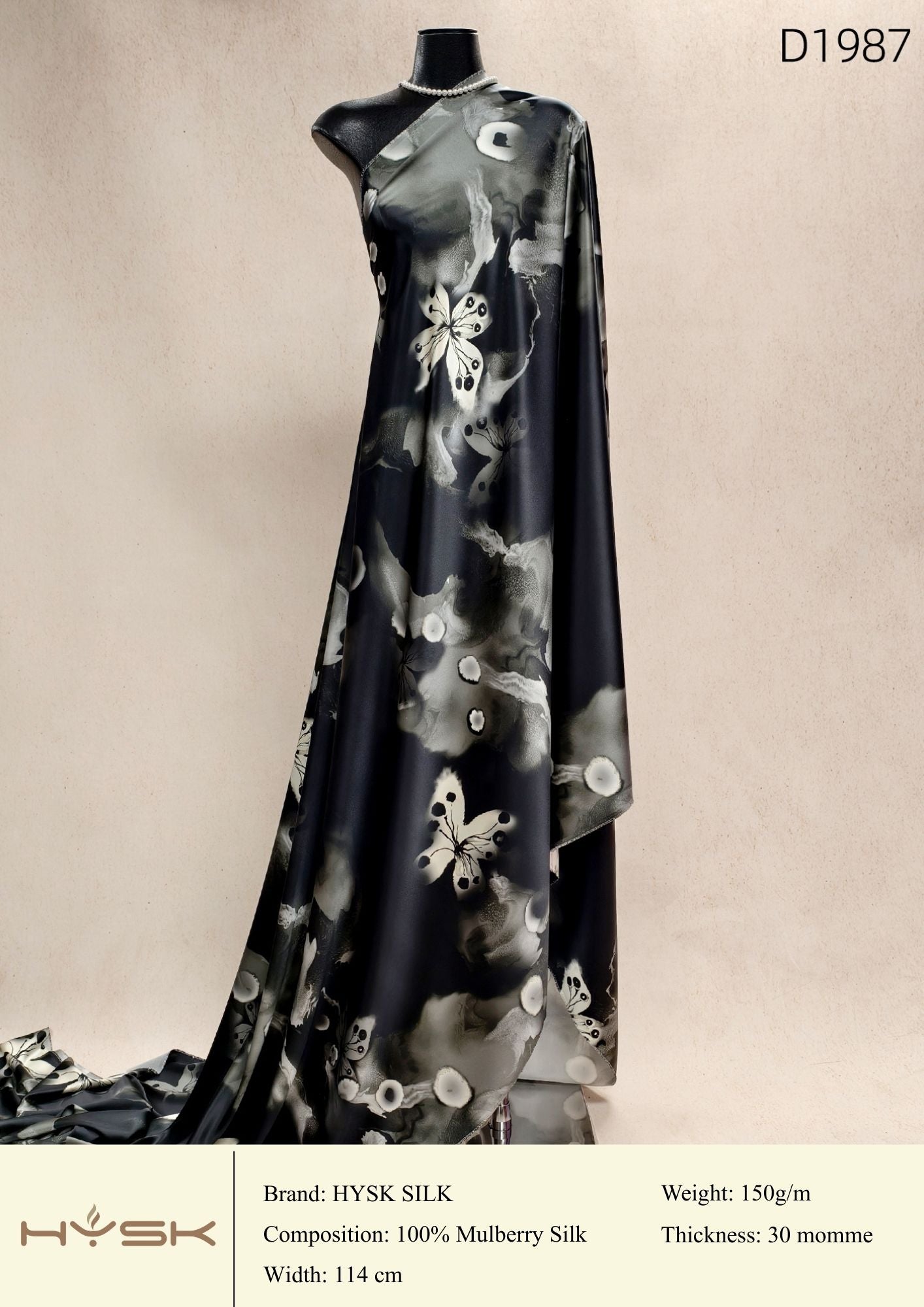HYSK Digital Printed 100% Mulberry Silk Charmeuse – 30 Momme, 114cm Width, 6A Grade Silk Original Design Fabric for Couture, Evening Wear & Traditional Attire - In Stock Products