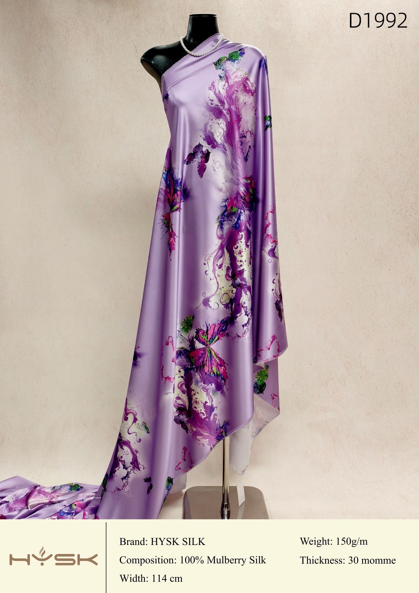 HYSK Digital Printed 100% Mulberry Silk Charmeuse – 30 Momme, 114cm Width, 6A Grade Silk Original Design Fabric for Couture, Evening Wear & Traditional Attire - In Stock Products