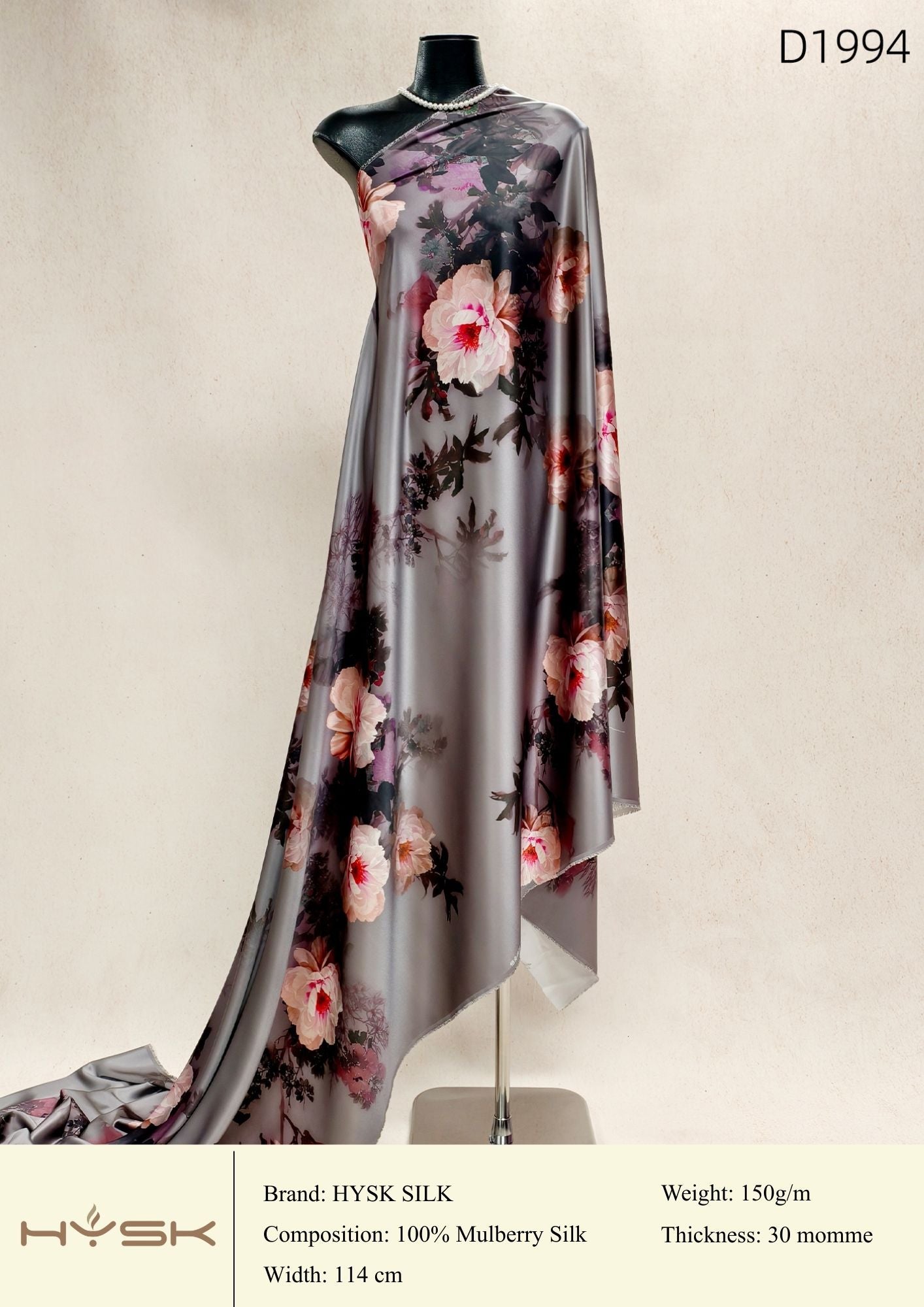 HYSK Digital Printed 100% Mulberry Silk Charmeuse – 30 Momme, 114cm Width, 6A Grade Silk Original Design Fabric for Couture, Evening Wear & Traditional Attire - In Stock Products