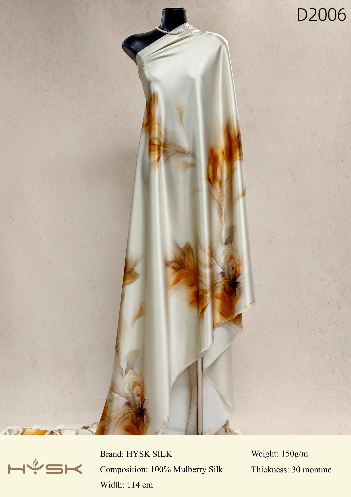 HYSK Digital Printed 100% Mulberry Silk Charmeuse – 30 Momme, 114cm Width, 6A Grade Silk Original Design Fabric for Couture, Evening Wear & Traditional Attire - In Stock Products