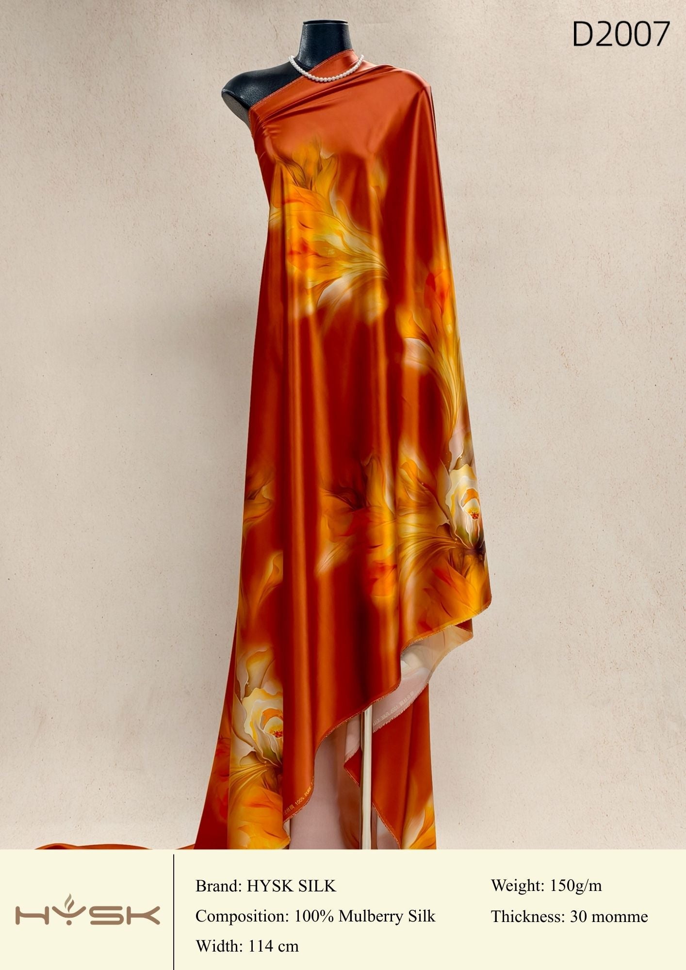 HYSK Digital Printed 100% Mulberry Silk Charmeuse – 30 Momme, 114cm Width, 6A Grade Silk Original Design Fabric for Couture, Evening Wear & Traditional Attire - In Stock Products