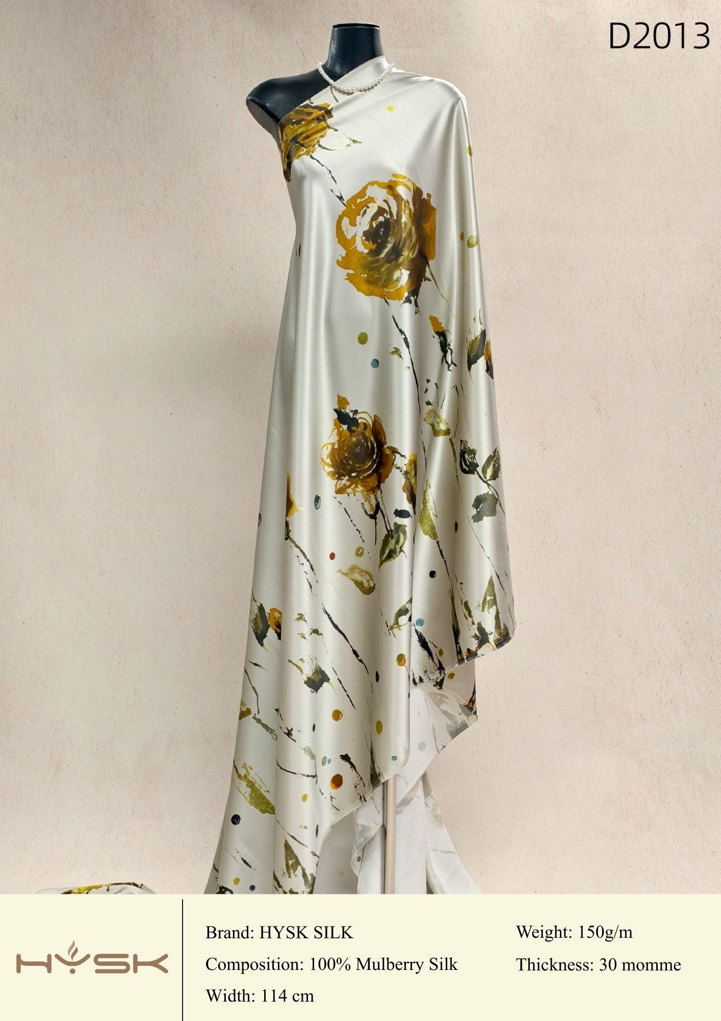 HYSK Digital Printed 100% Mulberry Silk Charmeuse – 30 Momme, 114cm Width, 6A Grade Silk Original Design Fabric for Couture, Evening Wear & Traditional Attire - In Stock Products