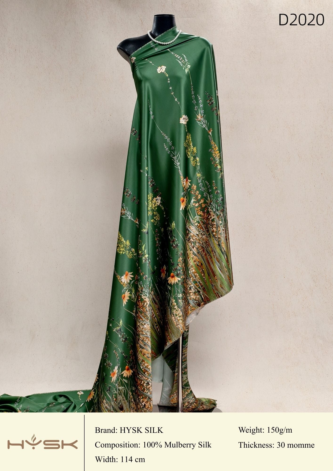 HYSK Digital Printed 100% Mulberry Silk Charmeuse – 30 Momme, 114cm Width, 6A Grade Silk Original Design Fabric for Couture, Evening Wear & Traditional Attire - In Stock Products