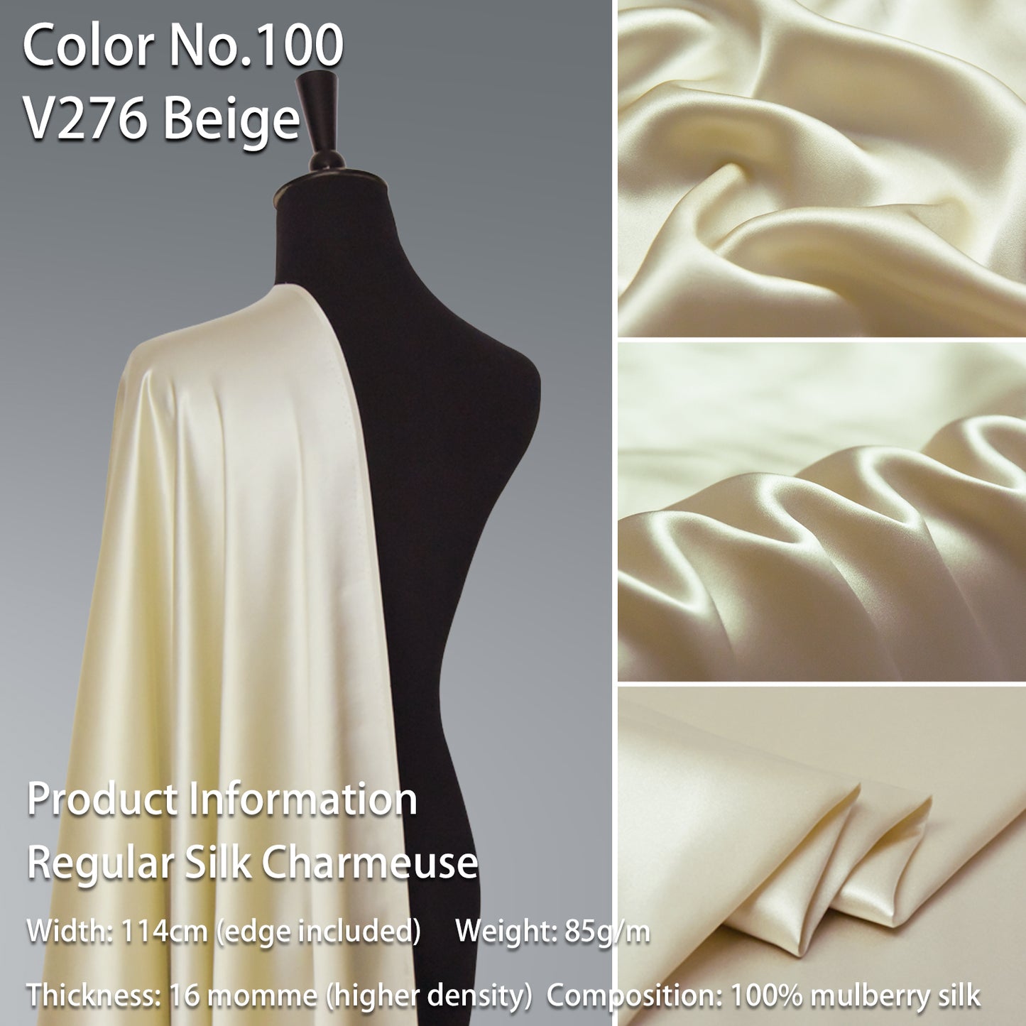 HYSK 100% Beige Color Mulberry Silk Charmeuse High-End Refined Soft Lustered Silk Fabric Skin-Friendly For Night Dress Pajamas Beddings Lining, 120 colors available in stock