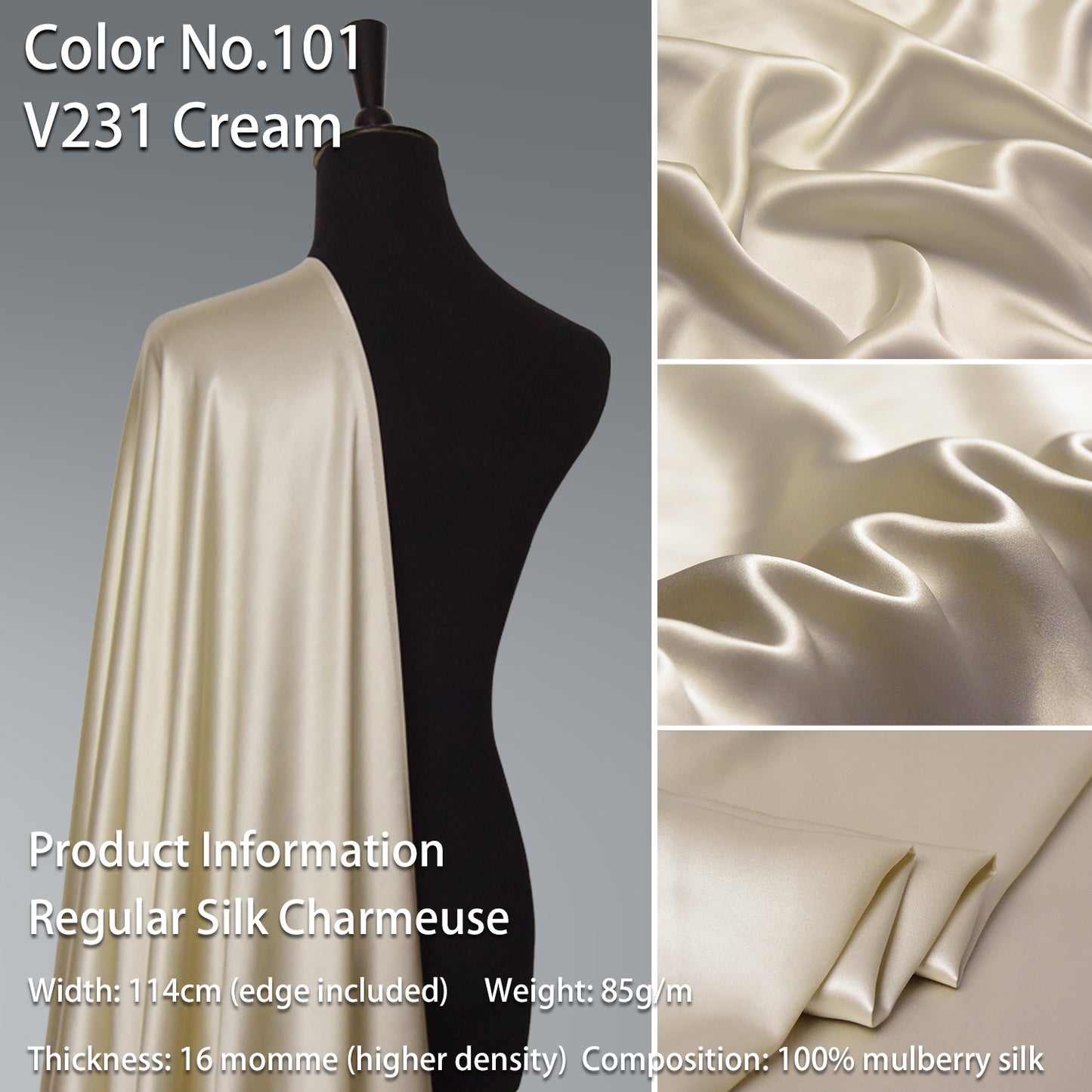 HYSK 100% Beige Color Mulberry Silk Charmeuse High-End Refined Soft Lustered Silk Fabric Skin-Friendly For Night Dress Pajamas Beddings Lining, 120 colors available in stock