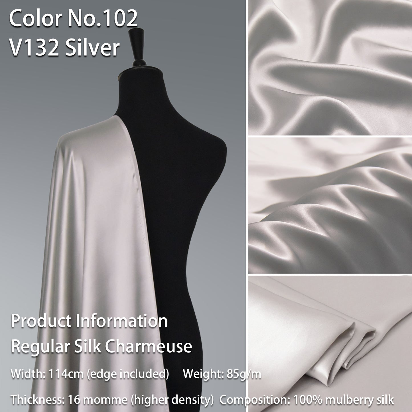 HYSK 100% Beige Color Mulberry Silk Charmeuse High-End Refined Soft Lustered Silk Fabric Skin-Friendly For Night Dress Pajamas Beddings Lining, 120 colors available in stock