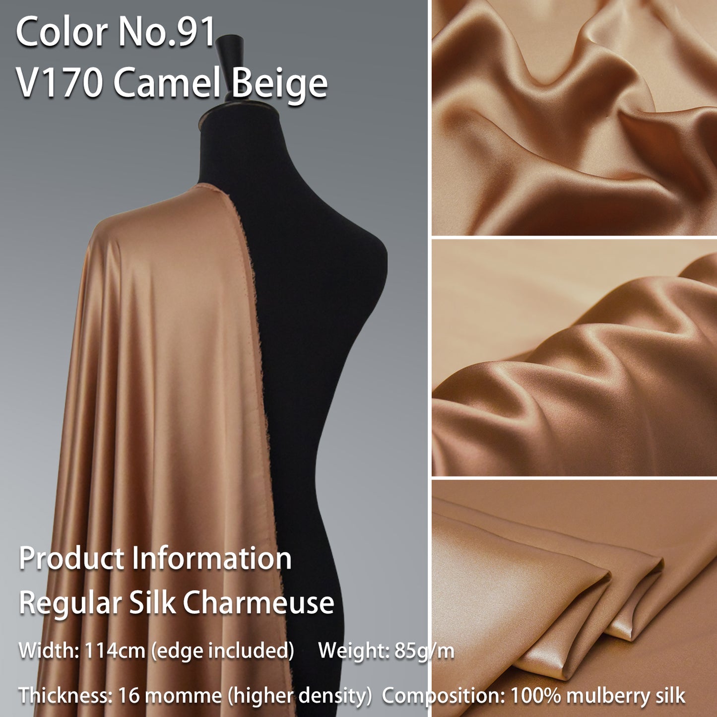 HYSK 100% Beige Color Mulberry Silk Charmeuse High-End Refined Soft Lustered Silk Fabric Skin-Friendly For Night Dress Pajamas Beddings Lining, 120 colors available in stock