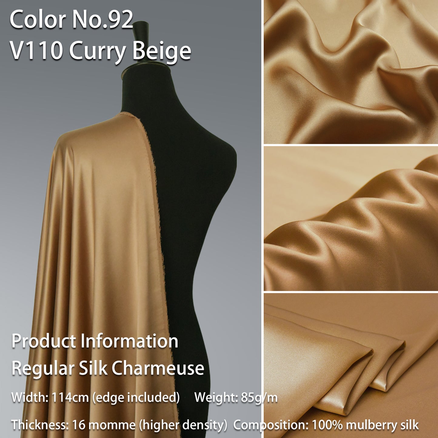 HYSK 100% Beige Color Mulberry Silk Charmeuse High-End Refined Soft Lustered Silk Fabric Skin-Friendly For Night Dress Pajamas Beddings Lining, 120 colors available in stock