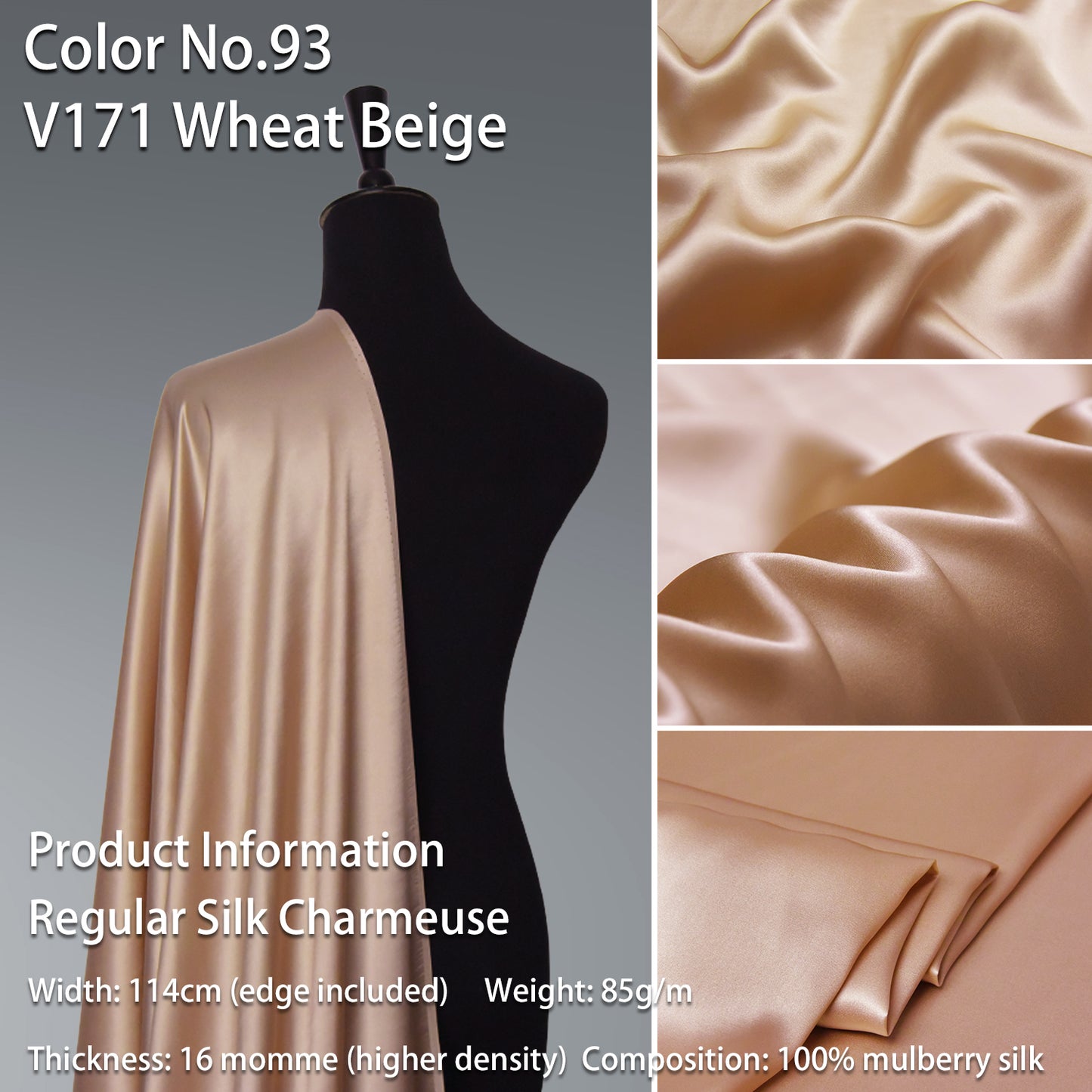 HYSK 100% Beige Color Mulberry Silk Charmeuse High-End Refined Soft Lustered Silk Fabric Skin-Friendly For Night Dress Pajamas Beddings Lining, 120 colors available in stock