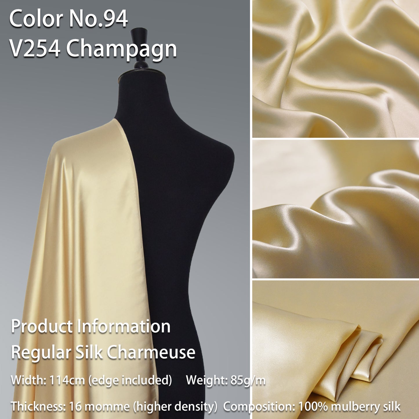 HYSK 100% Beige Color Mulberry Silk Charmeuse High-End Refined Soft Lustered Silk Fabric Skin-Friendly For Night Dress Pajamas Beddings Lining, 120 colors available in stock