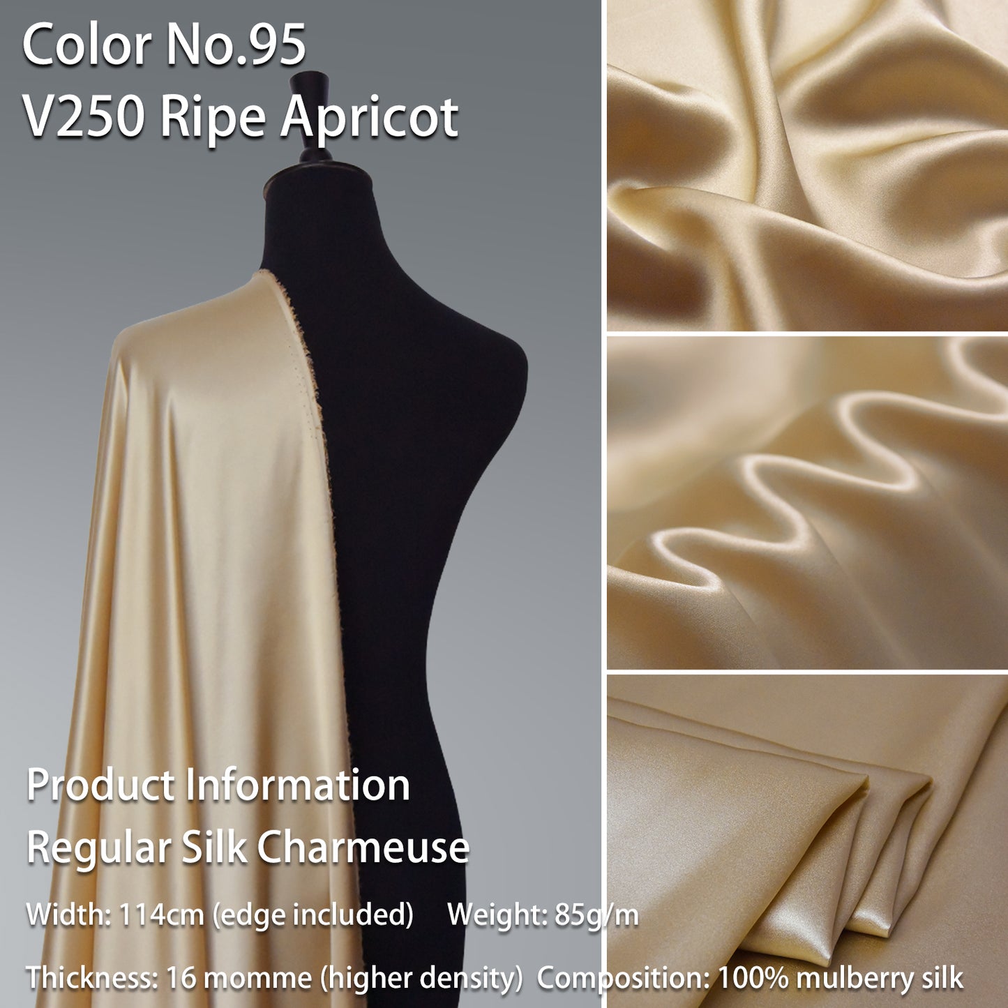 HYSK 100% Beige Color Mulberry Silk Charmeuse High-End Refined Soft Lustered Silk Fabric Skin-Friendly For Night Dress Pajamas Beddings Lining, 120 colors available in stock