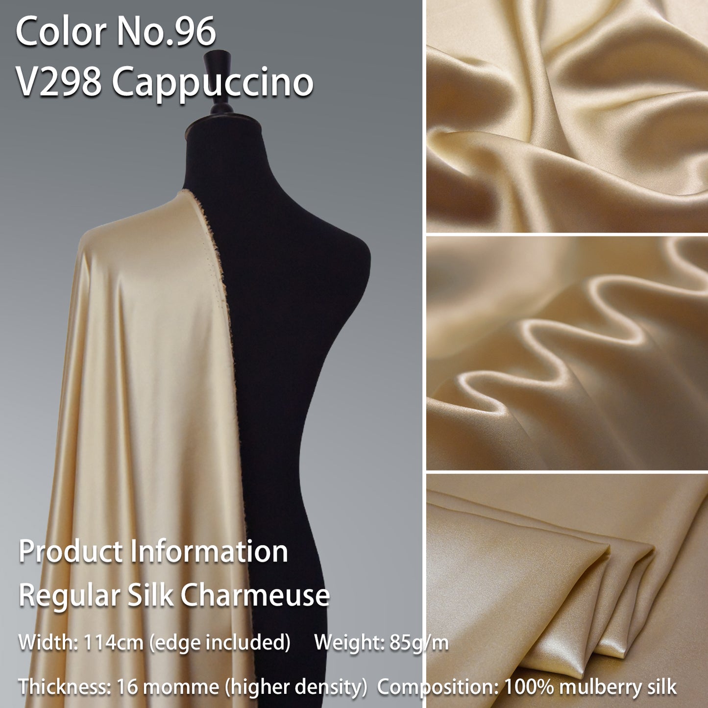 HYSK 100% Beige Color Mulberry Silk Charmeuse High-End Refined Soft Lustered Silk Fabric Skin-Friendly For Night Dress Pajamas Beddings Lining, 120 colors available in stock