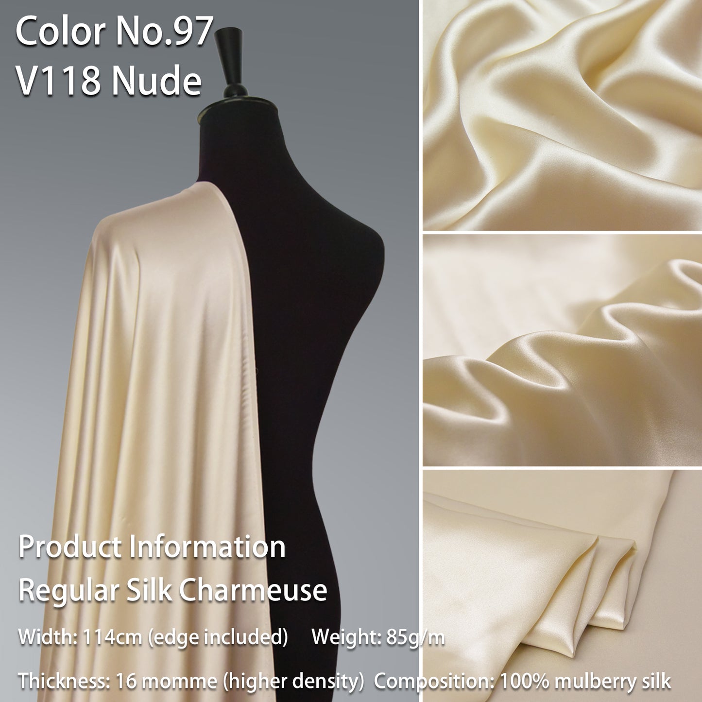 HYSK 100% Beige Color Mulberry Silk Charmeuse High-End Refined Soft Lustered Silk Fabric Skin-Friendly For Night Dress Pajamas Beddings Lining, 120 colors available in stock