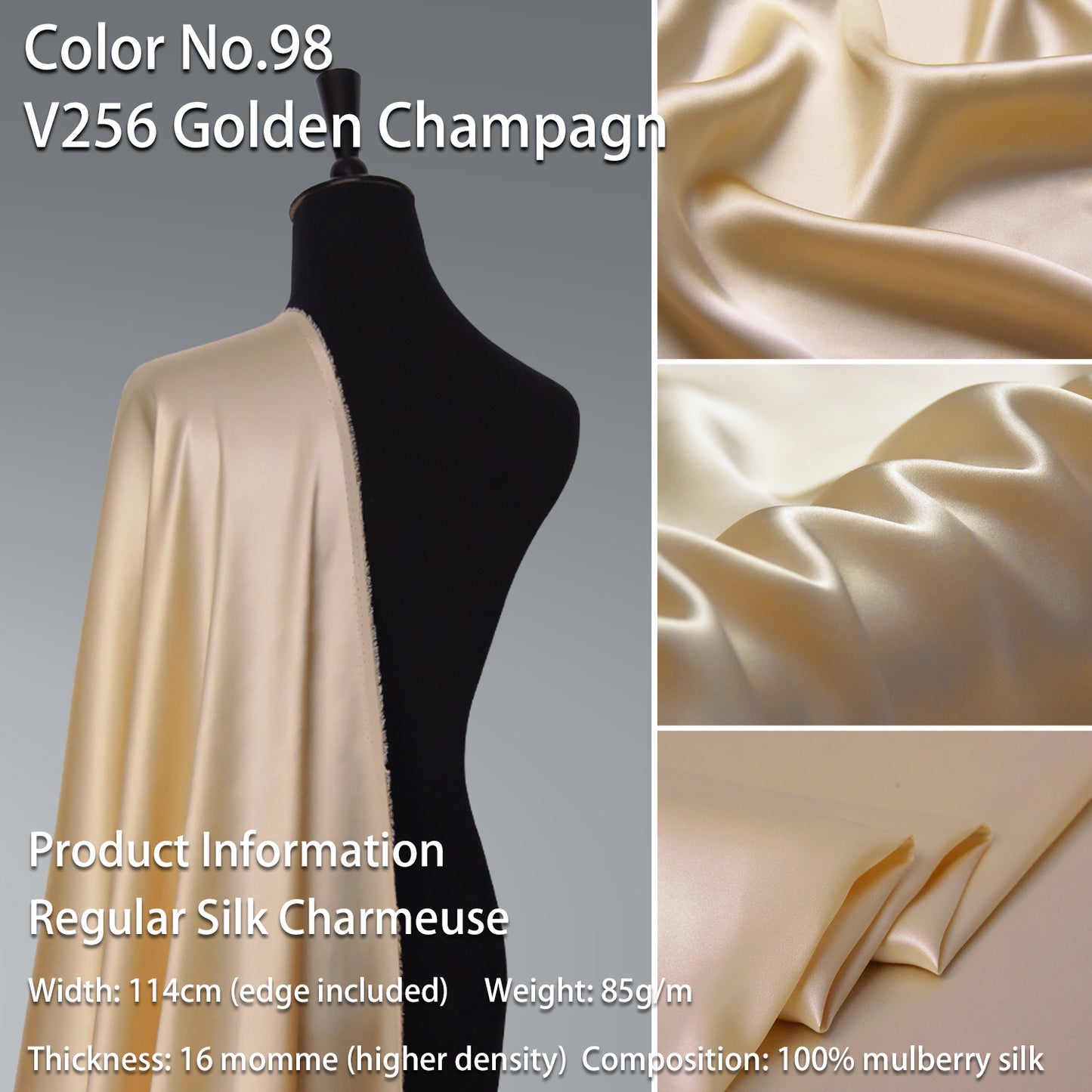 HYSK 100% Beige Color Mulberry Silk Charmeuse High-End Refined Soft Lustered Silk Fabric Skin-Friendly For Night Dress Pajamas Beddings Lining, 120 colors available in stock