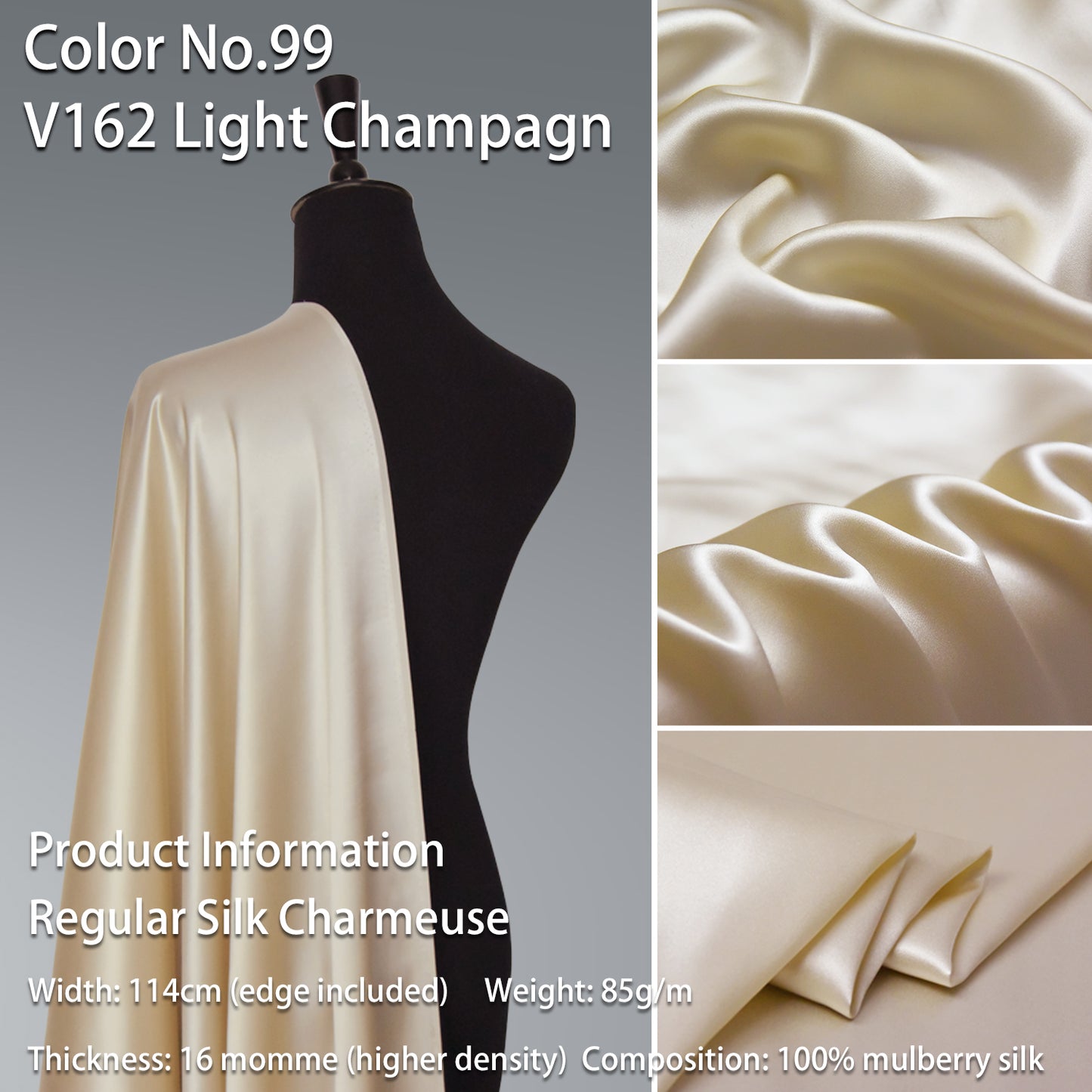 HYSK 100% Beige Color Mulberry Silk Charmeuse High-End Refined Soft Lustered Silk Fabric Skin-Friendly For Night Dress Pajamas Beddings Lining, 120 colors available in stock