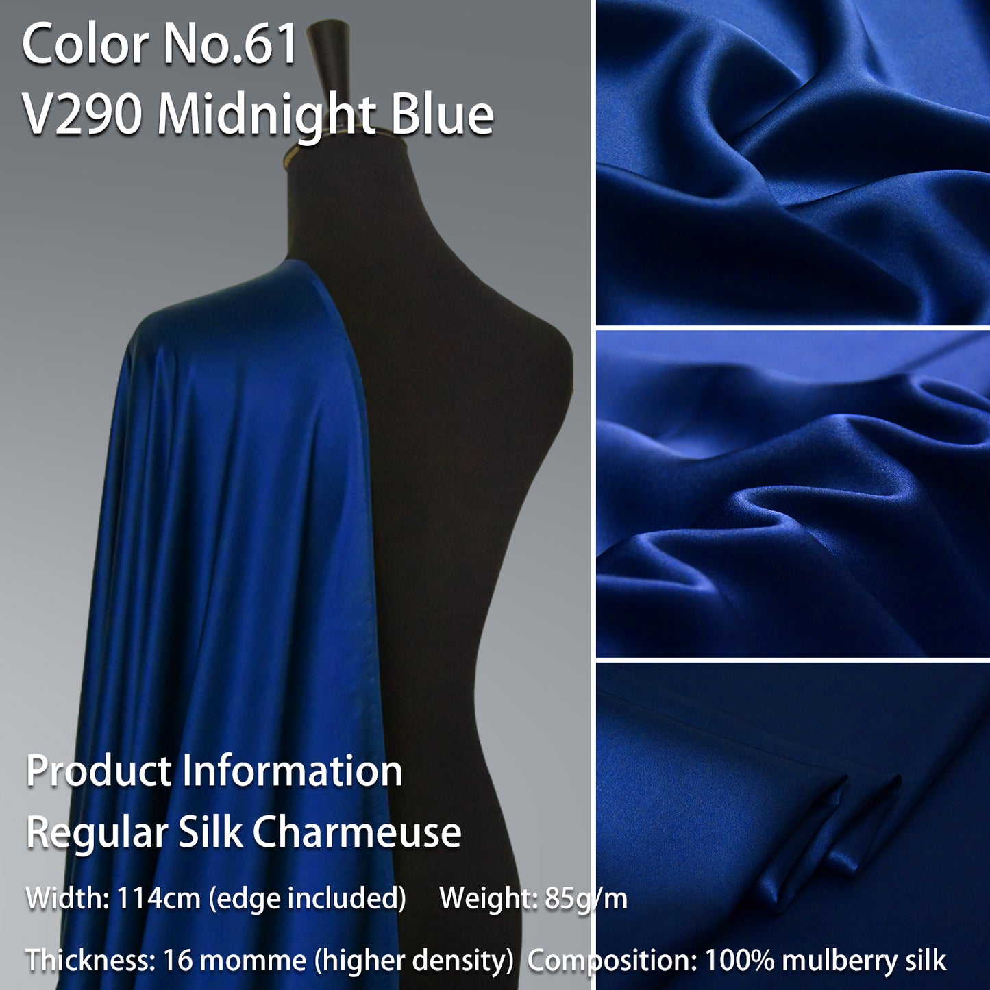 HYSK 100% Blue Color Mulberry Silk Charmeuse High-End Refined Soft Lustered Silk Fabric Skin-Friendly For Night Dress Pajamas Beddings Lining, 120 colors available in stock