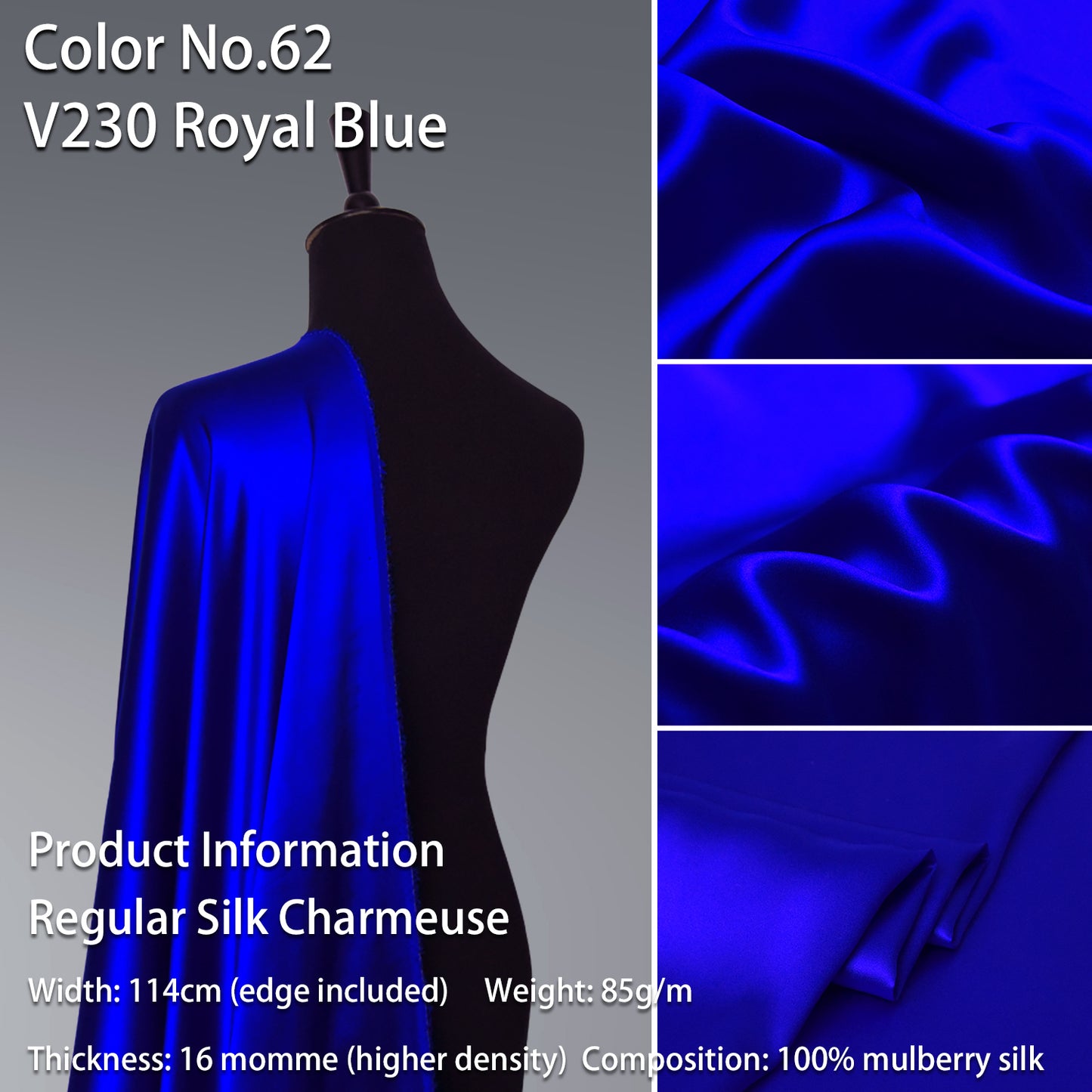 HYSK 100% Blue Color Mulberry Silk Charmeuse High-End Refined Soft Lustered Silk Fabric Skin-Friendly For Night Dress Pajamas Beddings Lining, 120 colors available in stock