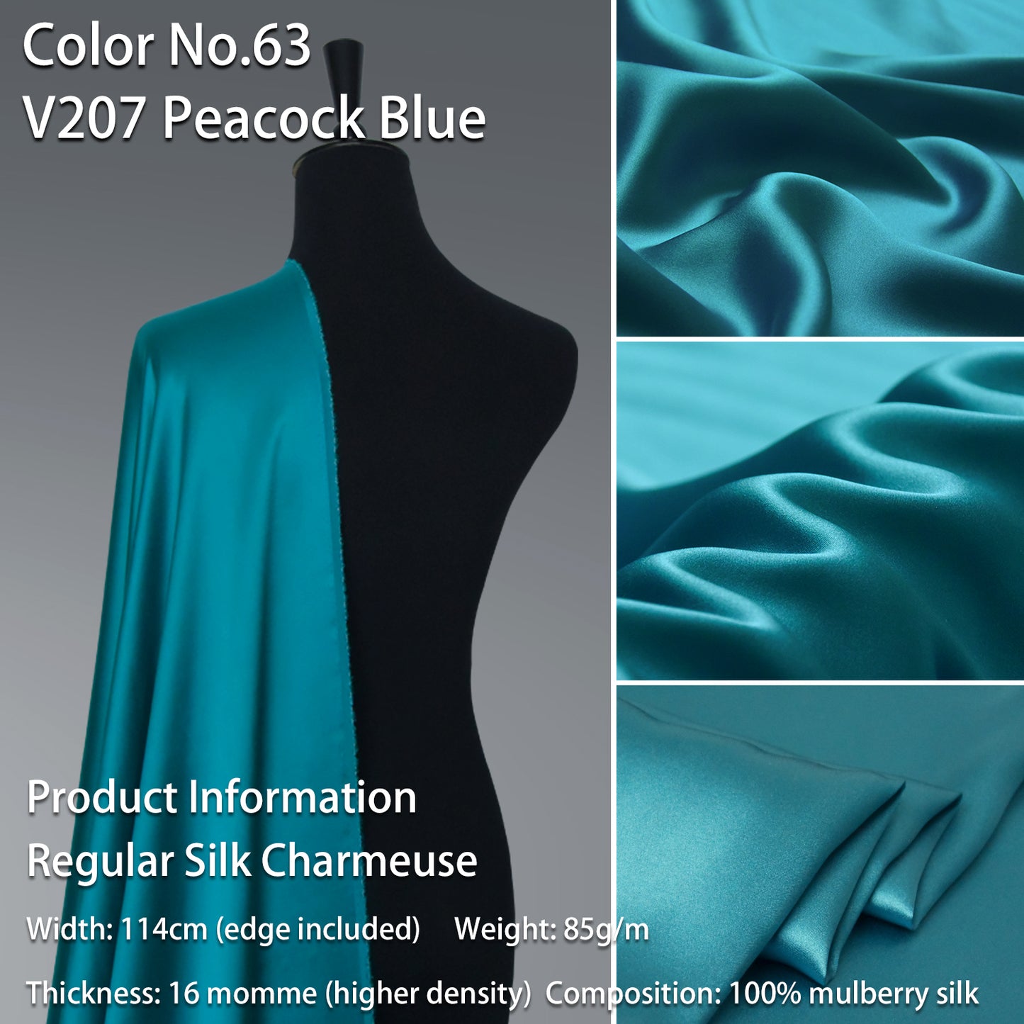 HYSK 100% Blue Color Mulberry Silk Charmeuse High-End Refined Soft Lustered Silk Fabric Skin-Friendly For Night Dress Pajamas Beddings Lining, 120 colors available in stock