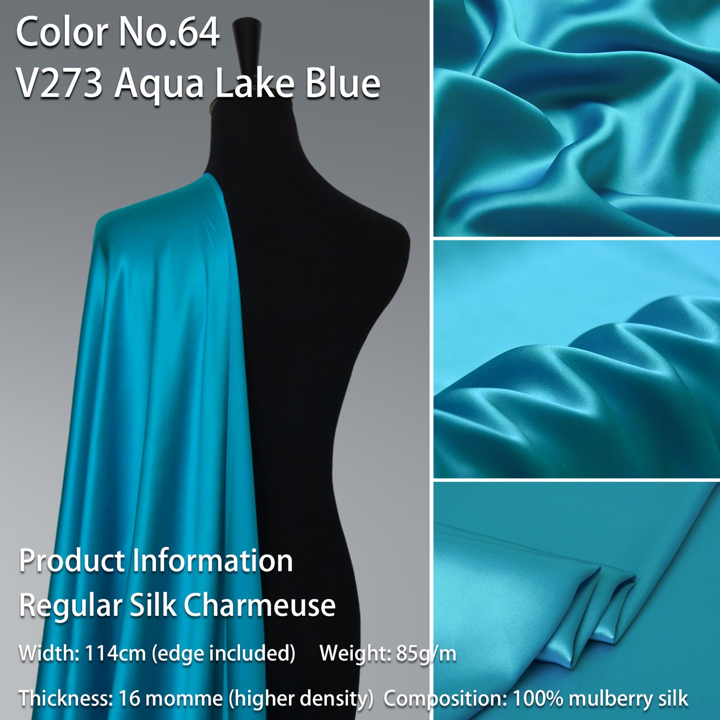HYSK 100% Blue Color Mulberry Silk Charmeuse High-End Refined Soft Lustered Silk Fabric Skin-Friendly For Night Dress Pajamas Beddings Lining, 120 colors available in stock