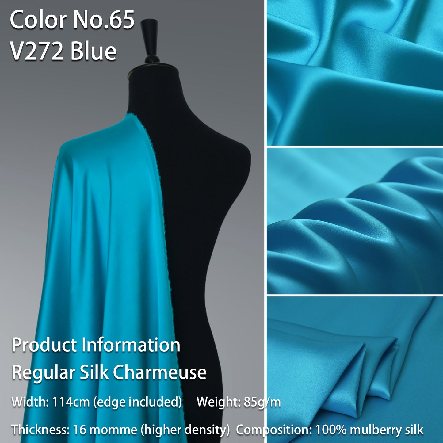 HYSK 100% Blue Color Mulberry Silk Charmeuse High-End Refined Soft Lustered Silk Fabric Skin-Friendly For Night Dress Pajamas Beddings Lining, 120 colors available in stock