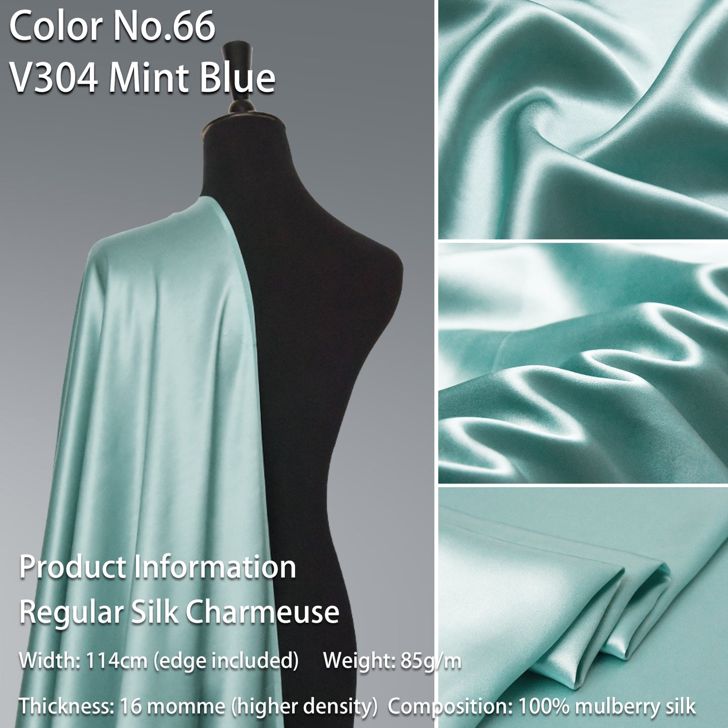 HYSK 100% Blue Color Mulberry Silk Charmeuse High-End Refined Soft Lustered Silk Fabric Skin-Friendly For Night Dress Pajamas Beddings Lining, 120 colors available in stock