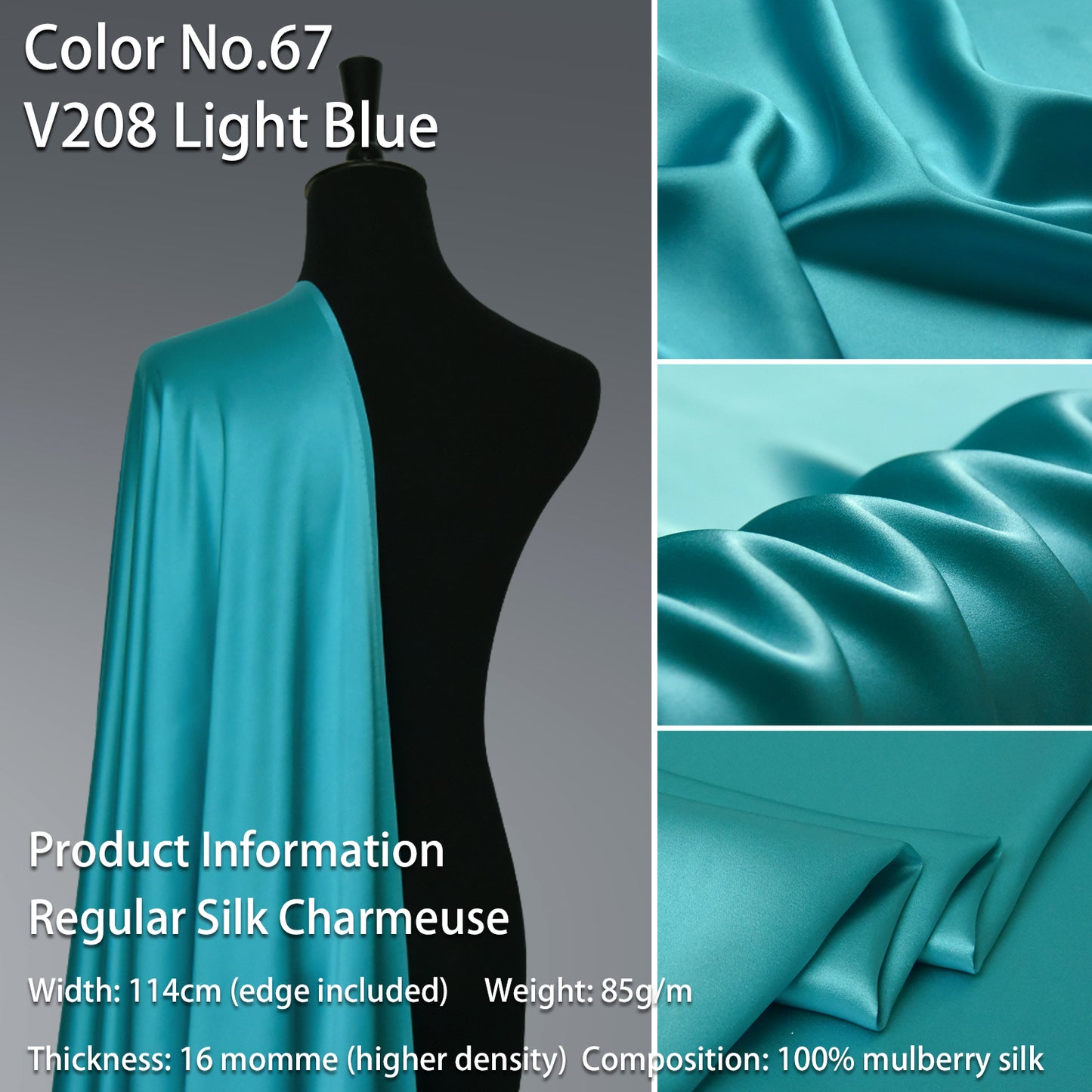 HYSK 100% Blue Color Mulberry Silk Charmeuse High-End Refined Soft Lustered Silk Fabric Skin-Friendly For Night Dress Pajamas Beddings Lining, 120 colors available in stock