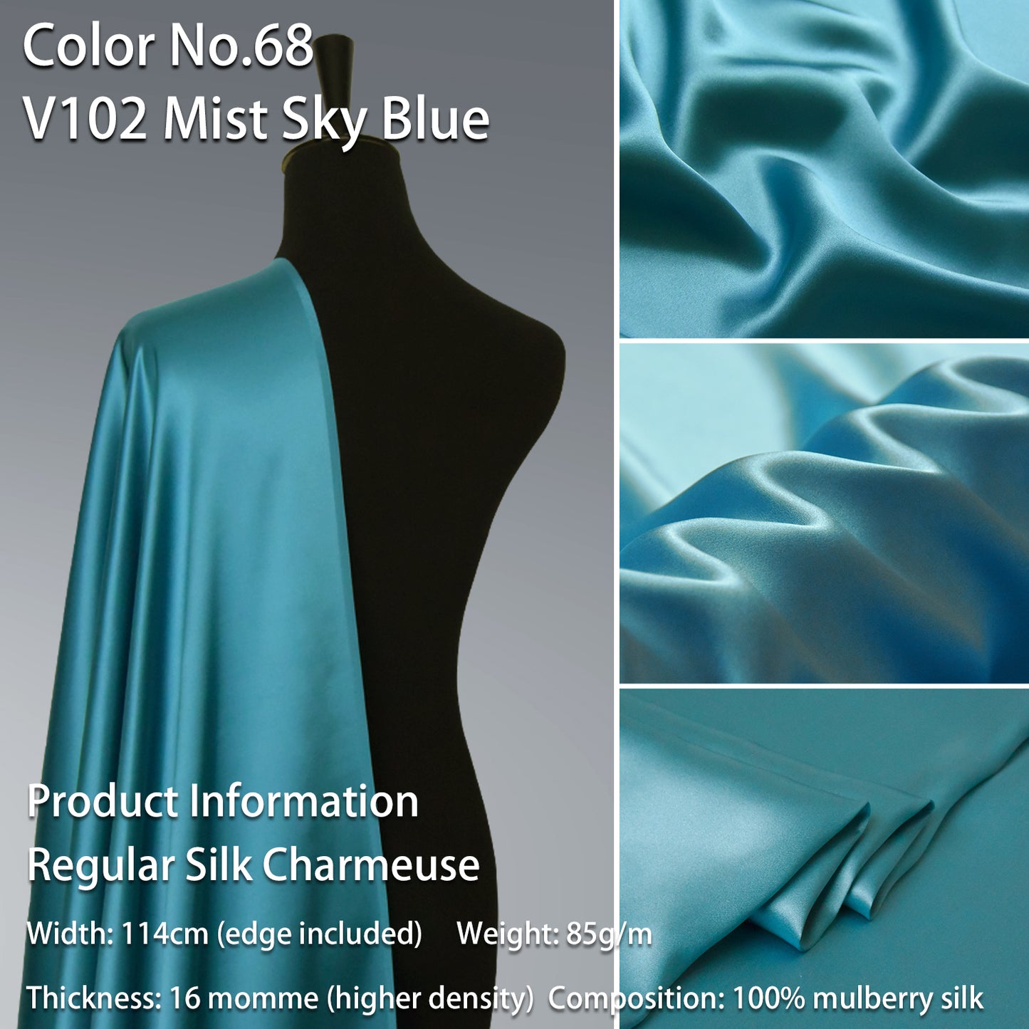 HYSK 100% Blue Color Mulberry Silk Charmeuse High-End Refined Soft Lustered Silk Fabric Skin-Friendly For Night Dress Pajamas Beddings Lining, 120 colors available in stock