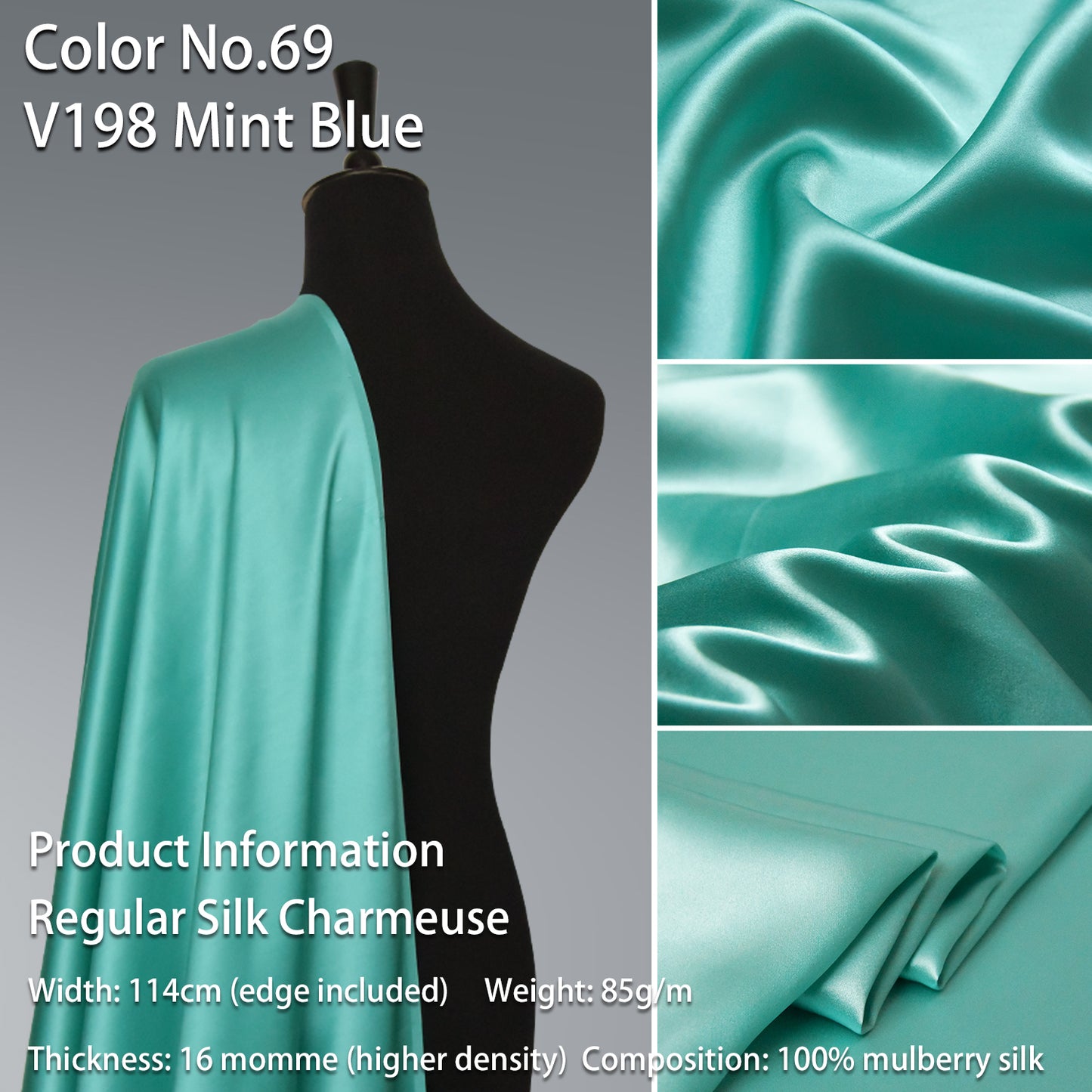 HYSK 100% Blue Color Mulberry Silk Charmeuse High-End Refined Soft Lustered Silk Fabric Skin-Friendly For Night Dress Pajamas Beddings Lining, 120 colors available in stock