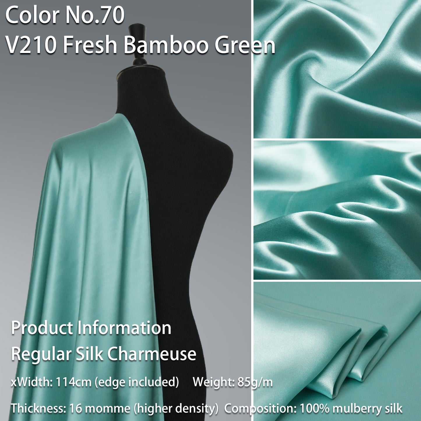 HYSK 100% Blue Color Mulberry Silk Charmeuse High-End Refined Soft Lustered Silk Fabric Skin-Friendly For Night Dress Pajamas Beddings Lining, 120 colors available in stock