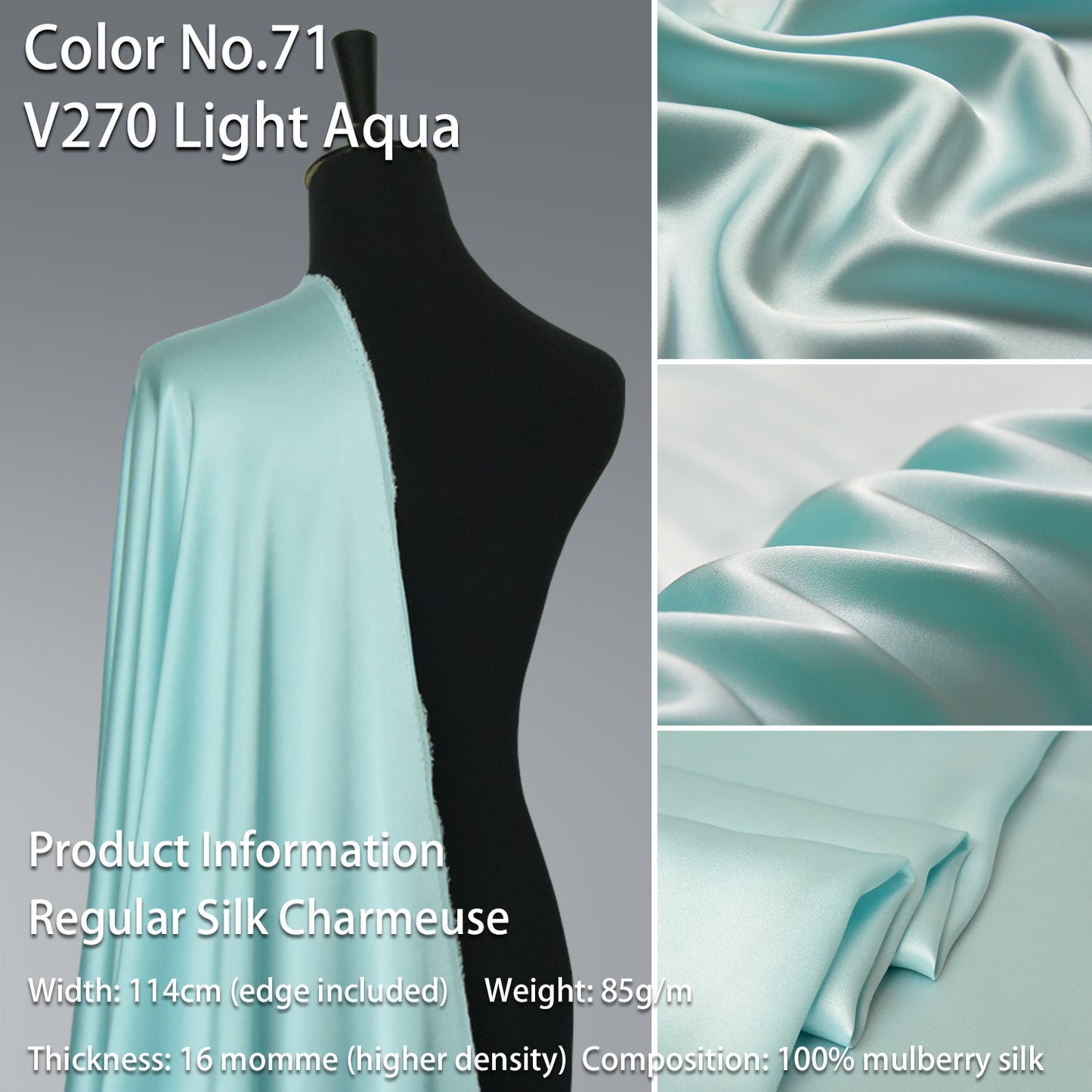 HYSK 100% Blue Color Mulberry Silk Charmeuse High-End Refined Soft Lustered Silk Fabric Skin-Friendly For Night Dress Pajamas Beddings Lining, 120 colors available in stock