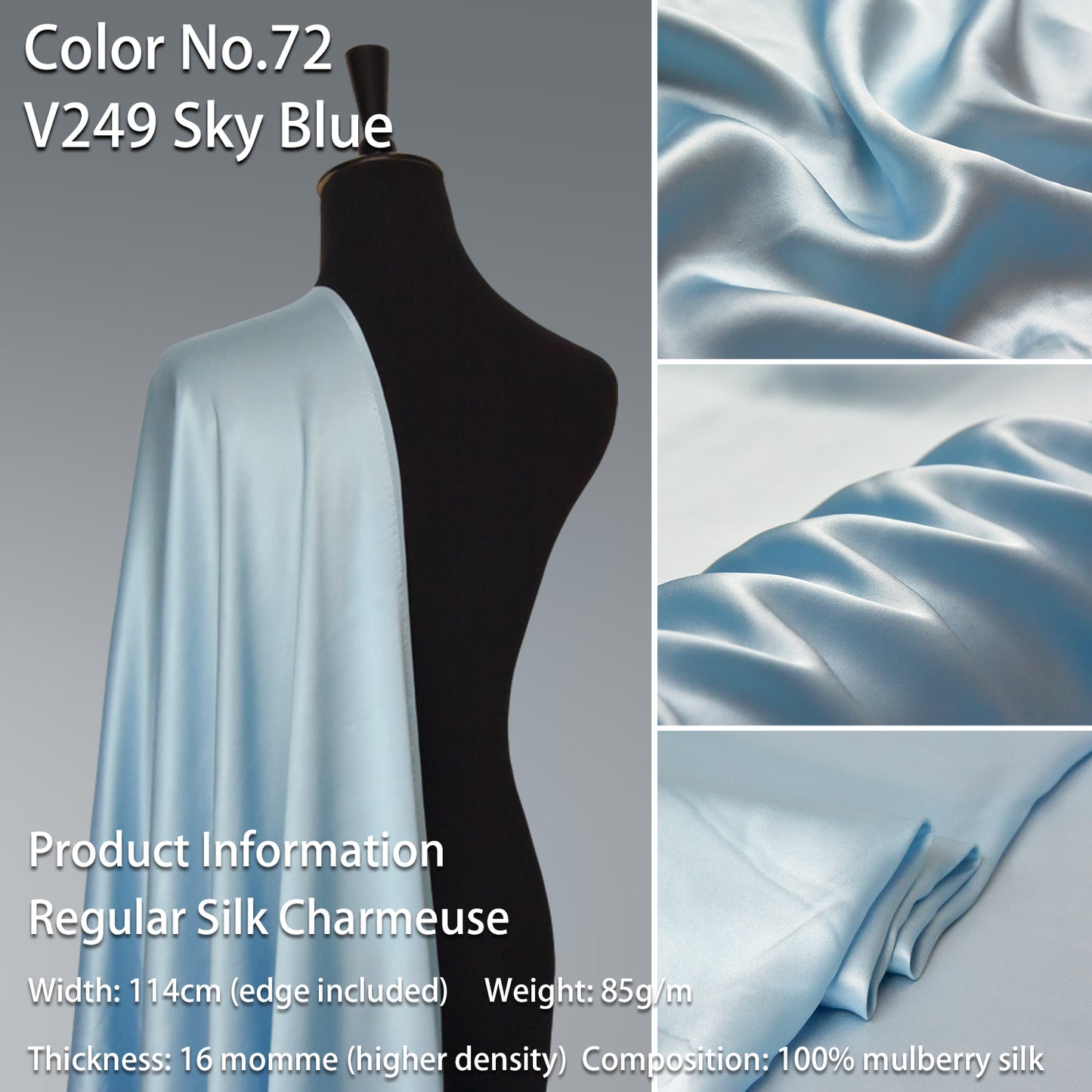 HYSK 100% Blue Color Mulberry Silk Charmeuse High-End Refined Soft Lustered Silk Fabric Skin-Friendly For Night Dress Pajamas Beddings Lining, 120 colors available in stock