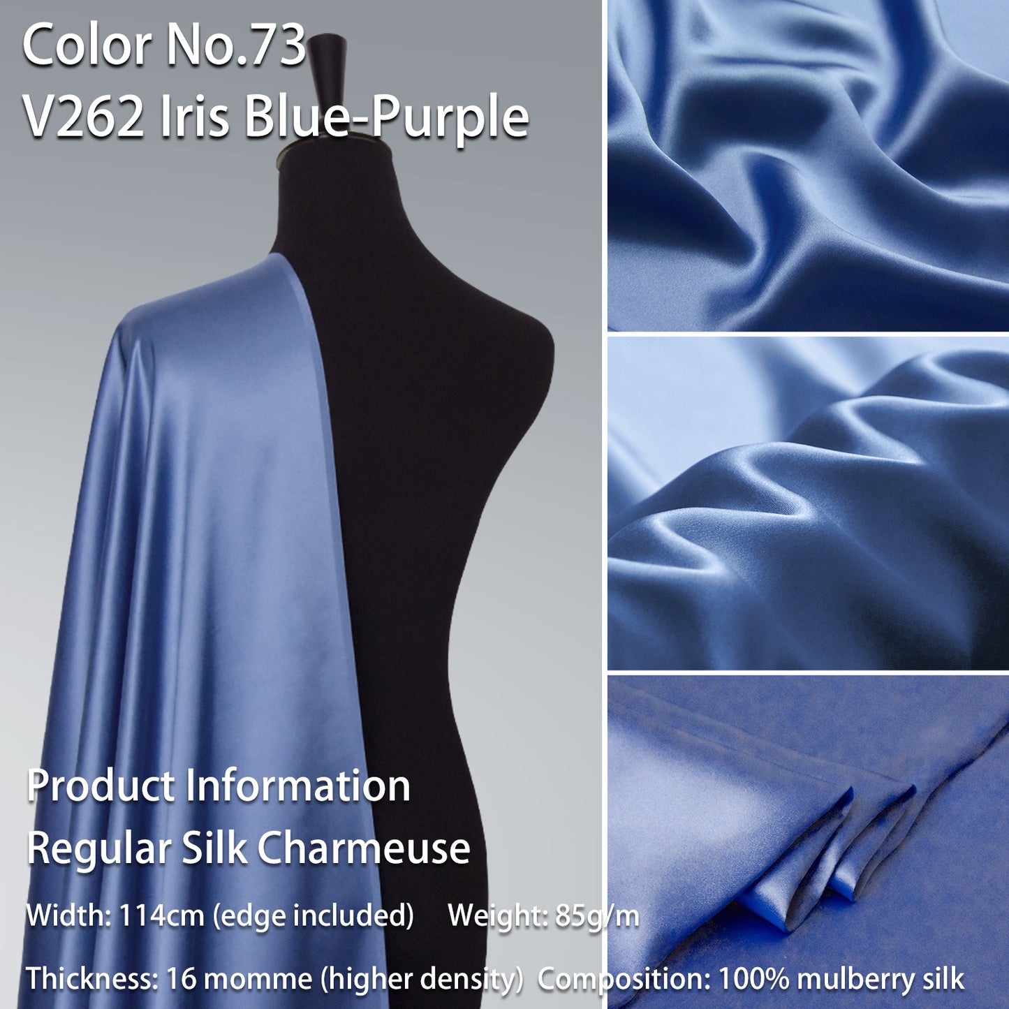 HYSK 100% Blue Color Mulberry Silk Charmeuse High-End Refined Soft Lustered Silk Fabric Skin-Friendly For Night Dress Pajamas Beddings Lining, 120 colors available in stock