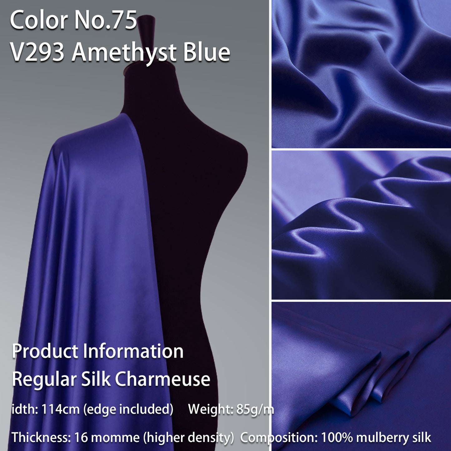 HYSK 100% Blue Color Mulberry Silk Charmeuse High-End Refined Soft Lustered Silk Fabric Skin-Friendly For Night Dress Pajamas Beddings Lining, 120 colors available in stock