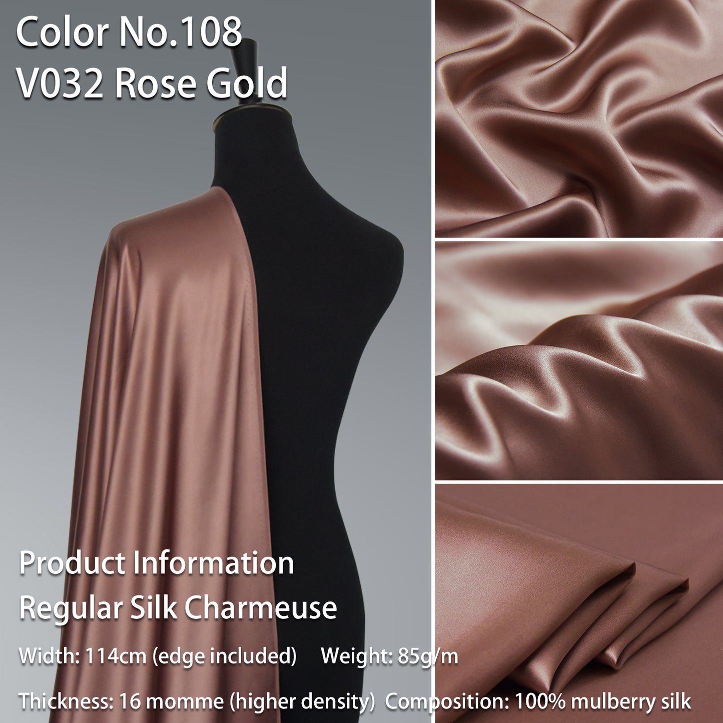 HYSK 100% Brown Color Mulberry Silk Charmeuse High-End Refined Soft Lustered Silk Fabric Skin-Friendly For Night Dress Pajamas Beddings Lining, 120 colors available in stock