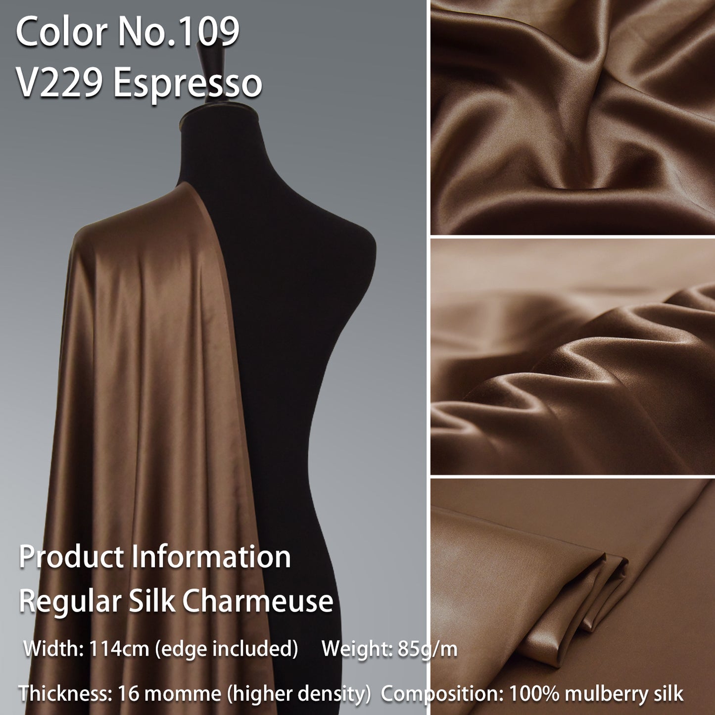 HYSK 100% Brown Color Mulberry Silk Charmeuse High-End Refined Soft Lustered Silk Fabric Skin-Friendly For Night Dress Pajamas Beddings Lining, 120 colors available in stock