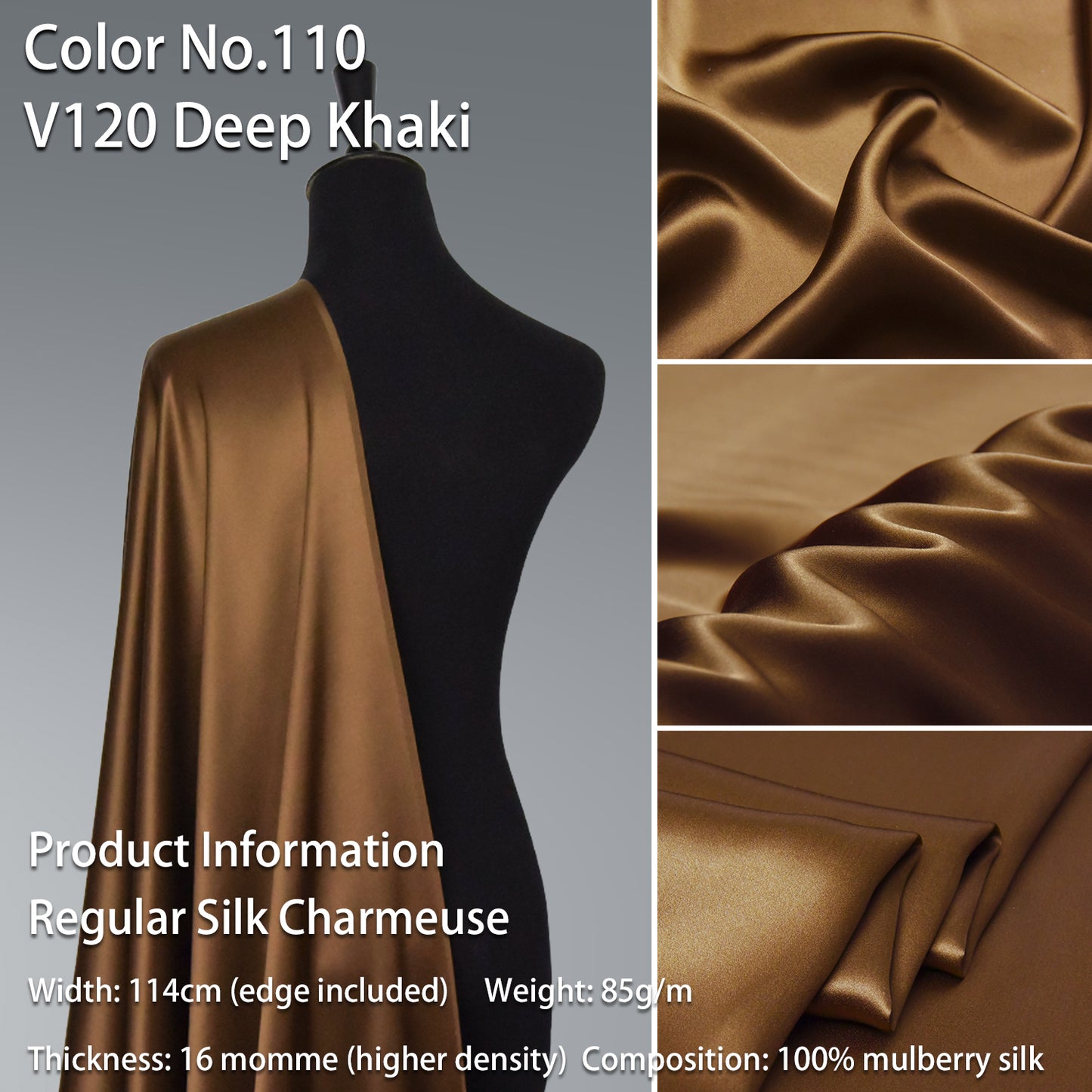 HYSK 100% Brown Color Mulberry Silk Charmeuse High-End Refined Soft Lustered Silk Fabric Skin-Friendly For Night Dress Pajamas Beddings Lining, 120 colors available in stock