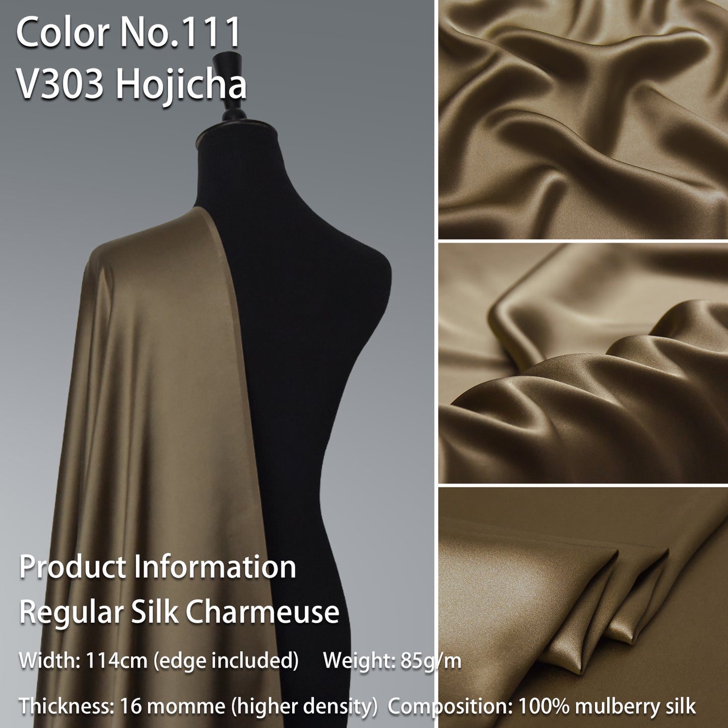 HYSK 100% Brown Color Mulberry Silk Charmeuse High-End Refined Soft Lustered Silk Fabric Skin-Friendly For Night Dress Pajamas Beddings Lining, 120 colors available in stock