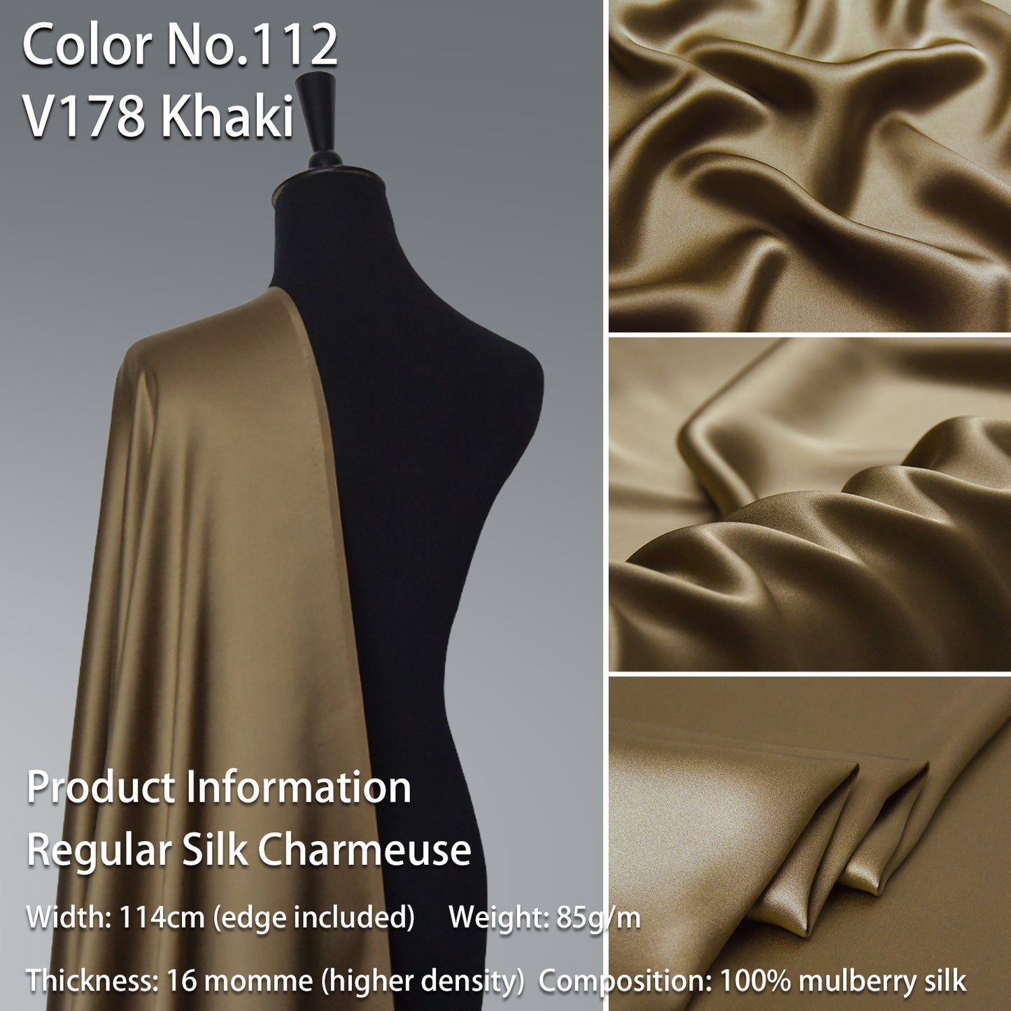 HYSK 100% Brown Color Mulberry Silk Charmeuse High-End Refined Soft Lustered Silk Fabric Skin-Friendly For Night Dress Pajamas Beddings Lining, 120 colors available in stock