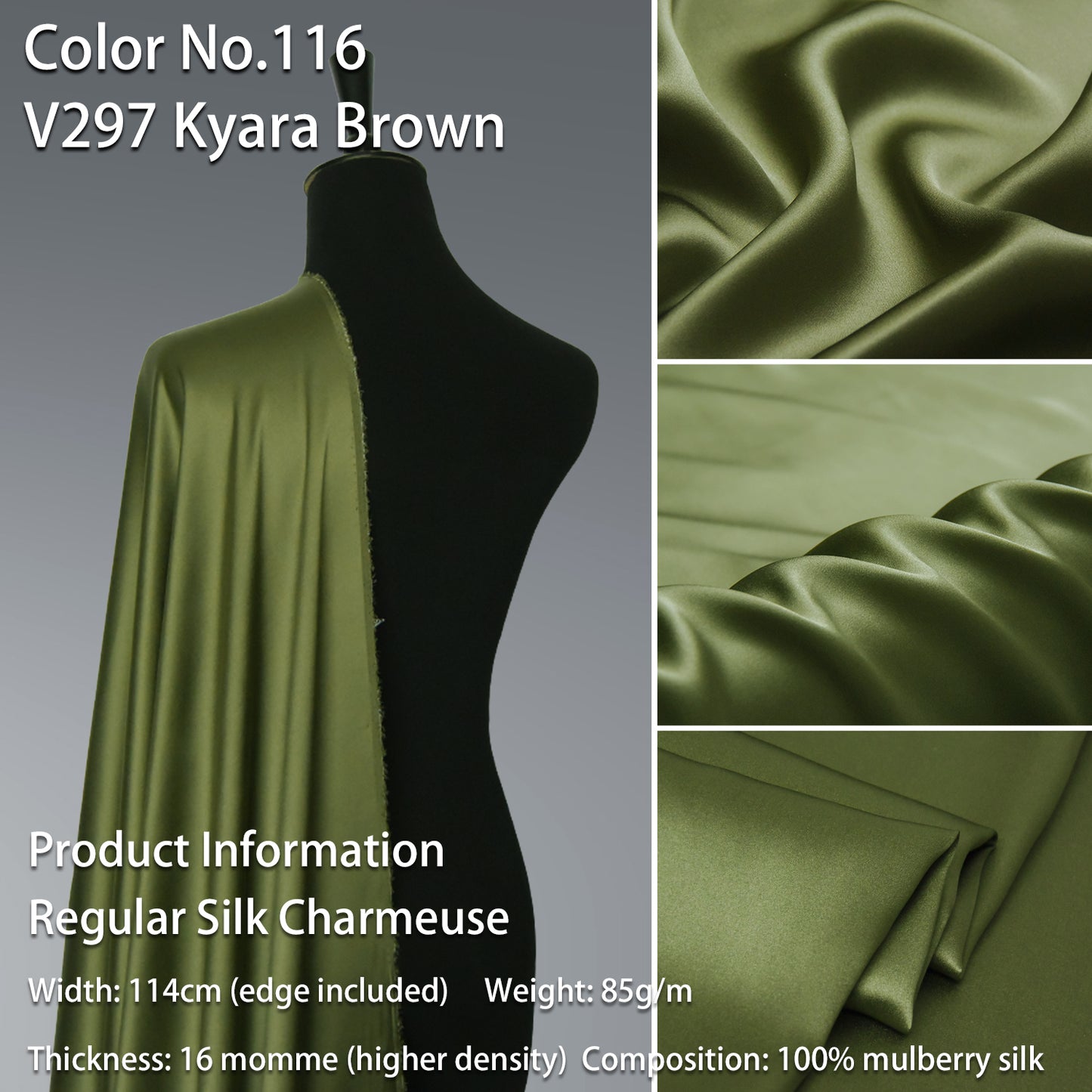 HYSK 100% Brown Color Mulberry Silk Charmeuse High-End Refined Soft Lustered Silk Fabric Skin-Friendly For Night Dress Pajamas Beddings Lining, 120 colors available in stock
