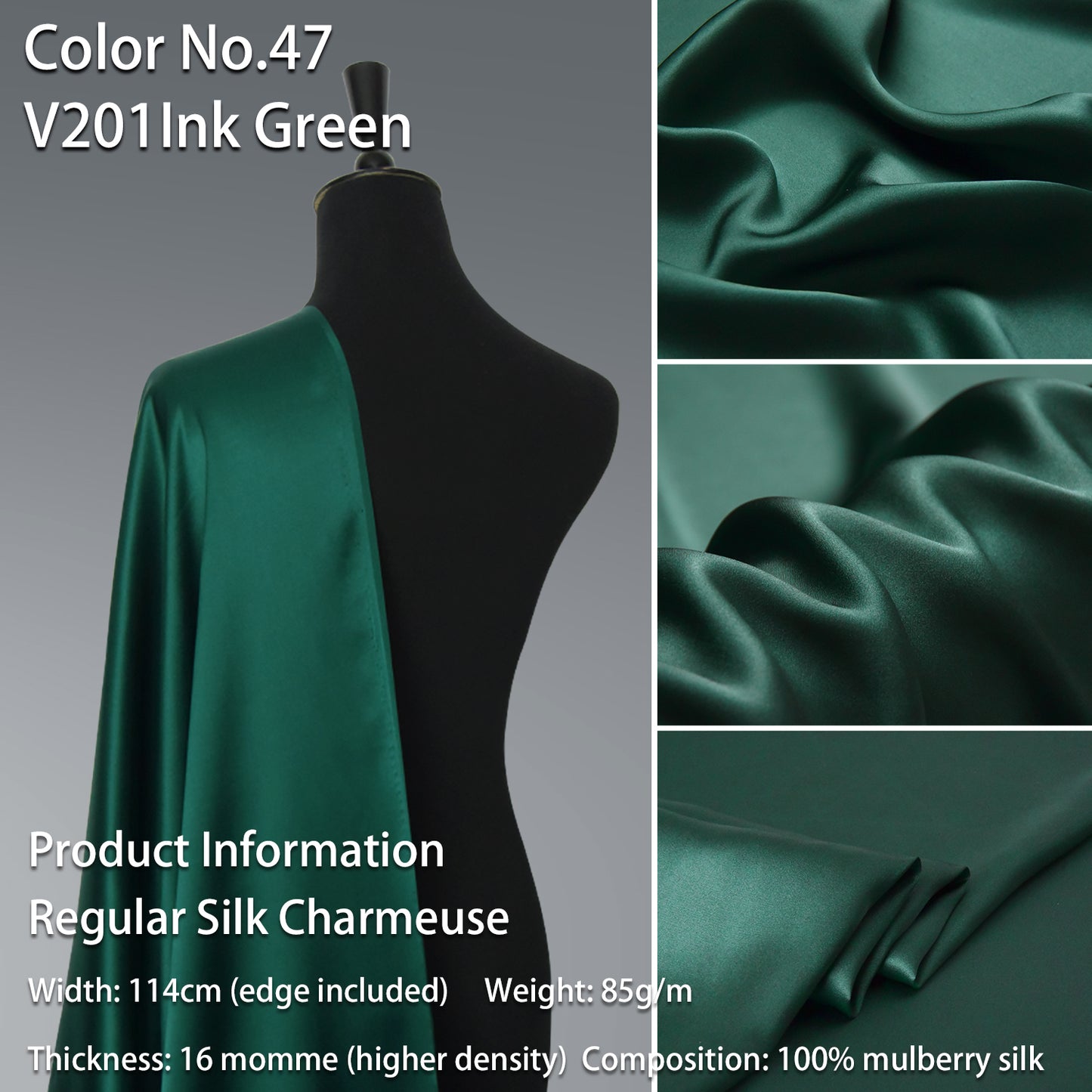 HYSK 100% Green Color Mulberry Silk Charmeuse High-End Refined Soft Lustered Silk Fabric Skin-Friendly For Night Dress Pajamas Beddings Lining, 120 colors available in stock