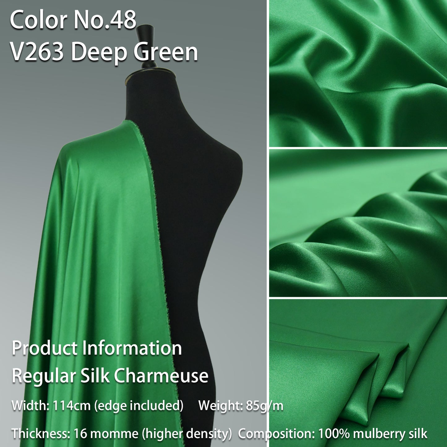 HYSK 100% Green Color Mulberry Silk Charmeuse High-End Refined Soft Lustered Silk Fabric Skin-Friendly For Night Dress Pajamas Beddings Lining, 120 colors available in stock