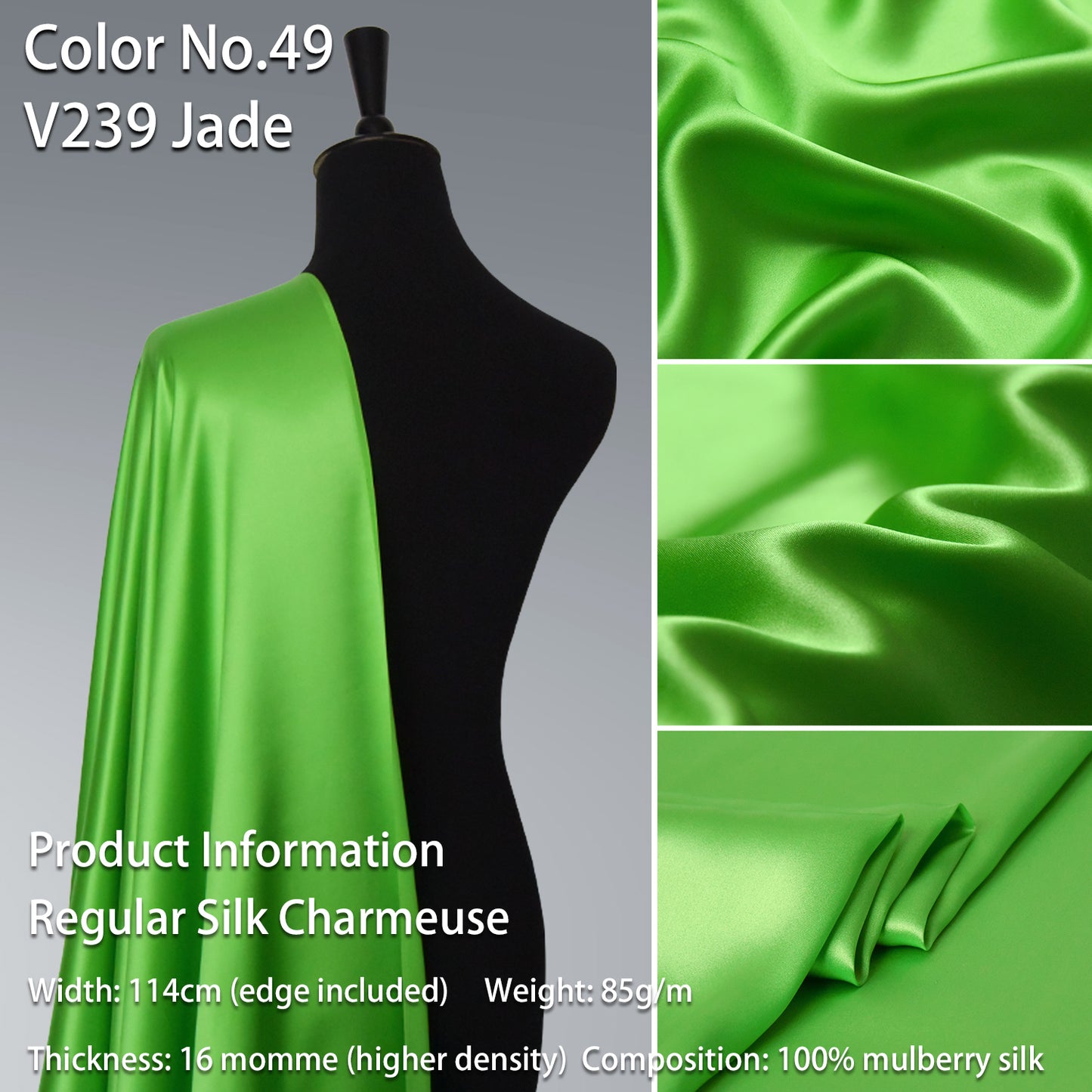 HYSK 100% Green Color Mulberry Silk Charmeuse High-End Refined Soft Lustered Silk Fabric Skin-Friendly For Night Dress Pajamas Beddings Lining, 120 colors available in stock