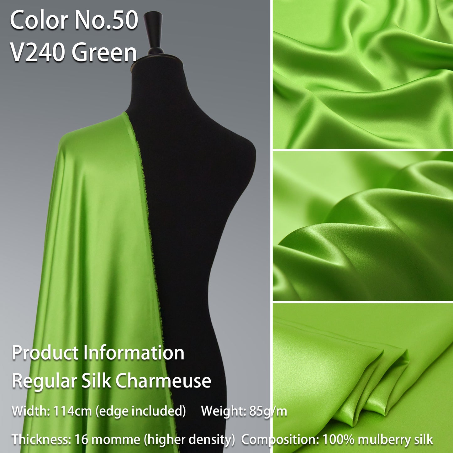 HYSK 100% Green Color Mulberry Silk Charmeuse High-End Refined Soft Lustered Silk Fabric Skin-Friendly For Night Dress Pajamas Beddings Lining, 120 colors available in stock