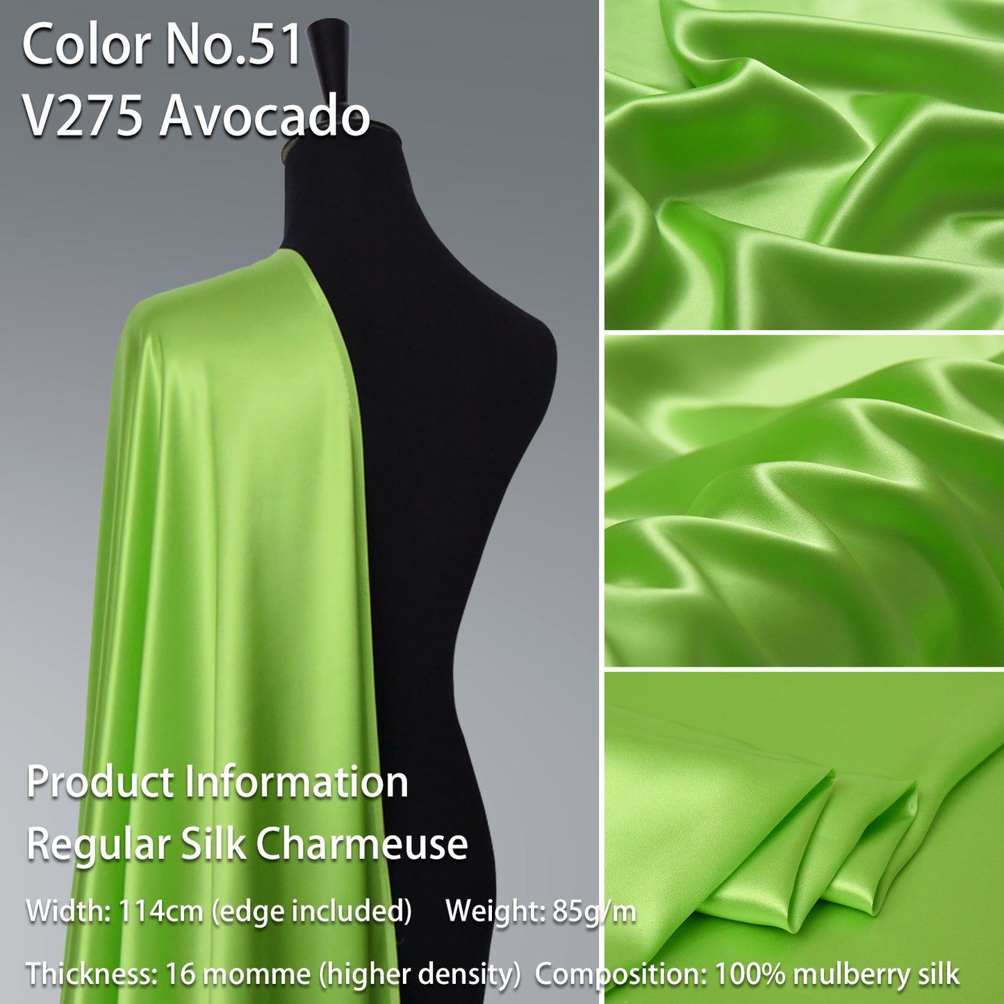 HYSK 100% Green Color Mulberry Silk Charmeuse High-End Refined Soft Lustered Silk Fabric Skin-Friendly For Night Dress Pajamas Beddings Lining, 120 colors available in stock
