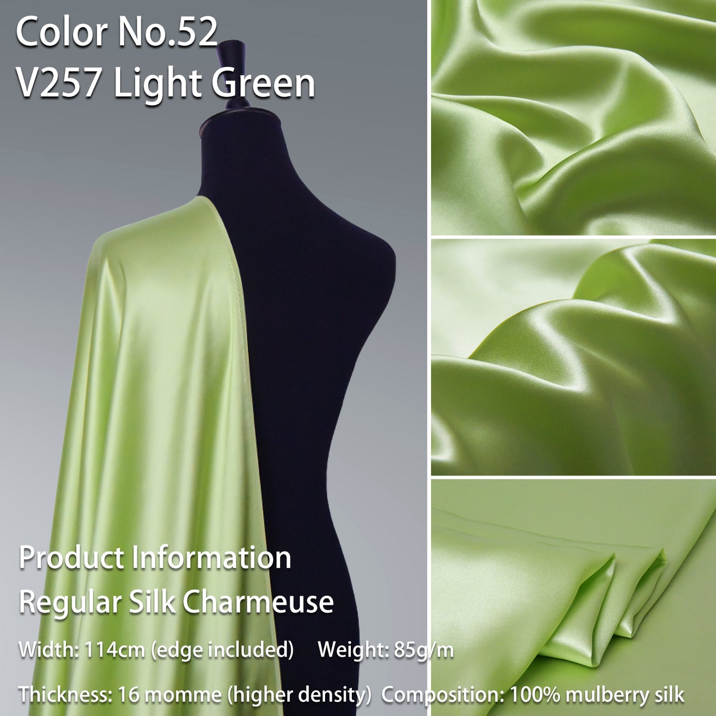 HYSK 100% Green Color Mulberry Silk Charmeuse High-End Refined Soft Lustered Silk Fabric Skin-Friendly For Night Dress Pajamas Beddings Lining, 120 colors available in stock