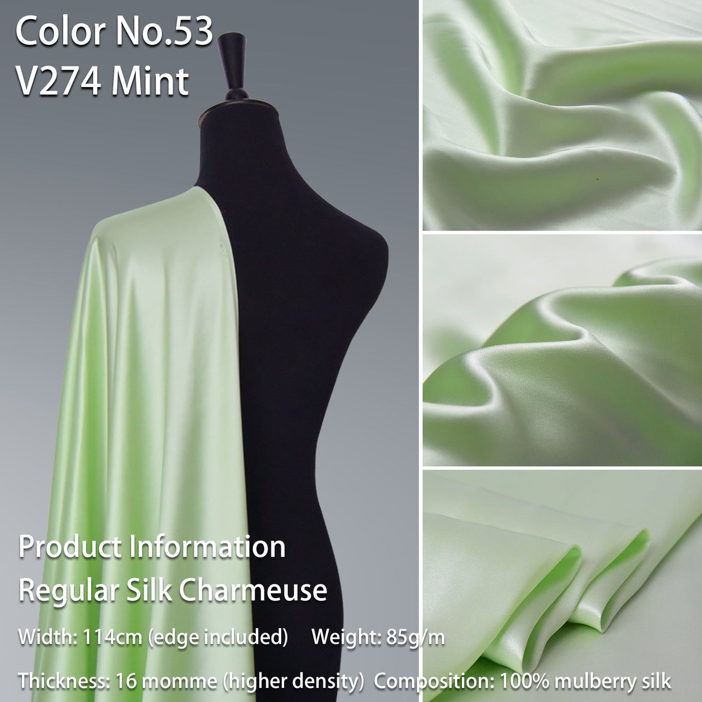 HYSK 100% Green Color Mulberry Silk Charmeuse High-End Refined Soft Lustered Silk Fabric Skin-Friendly For Night Dress Pajamas Beddings Lining, 120 colors available in stock